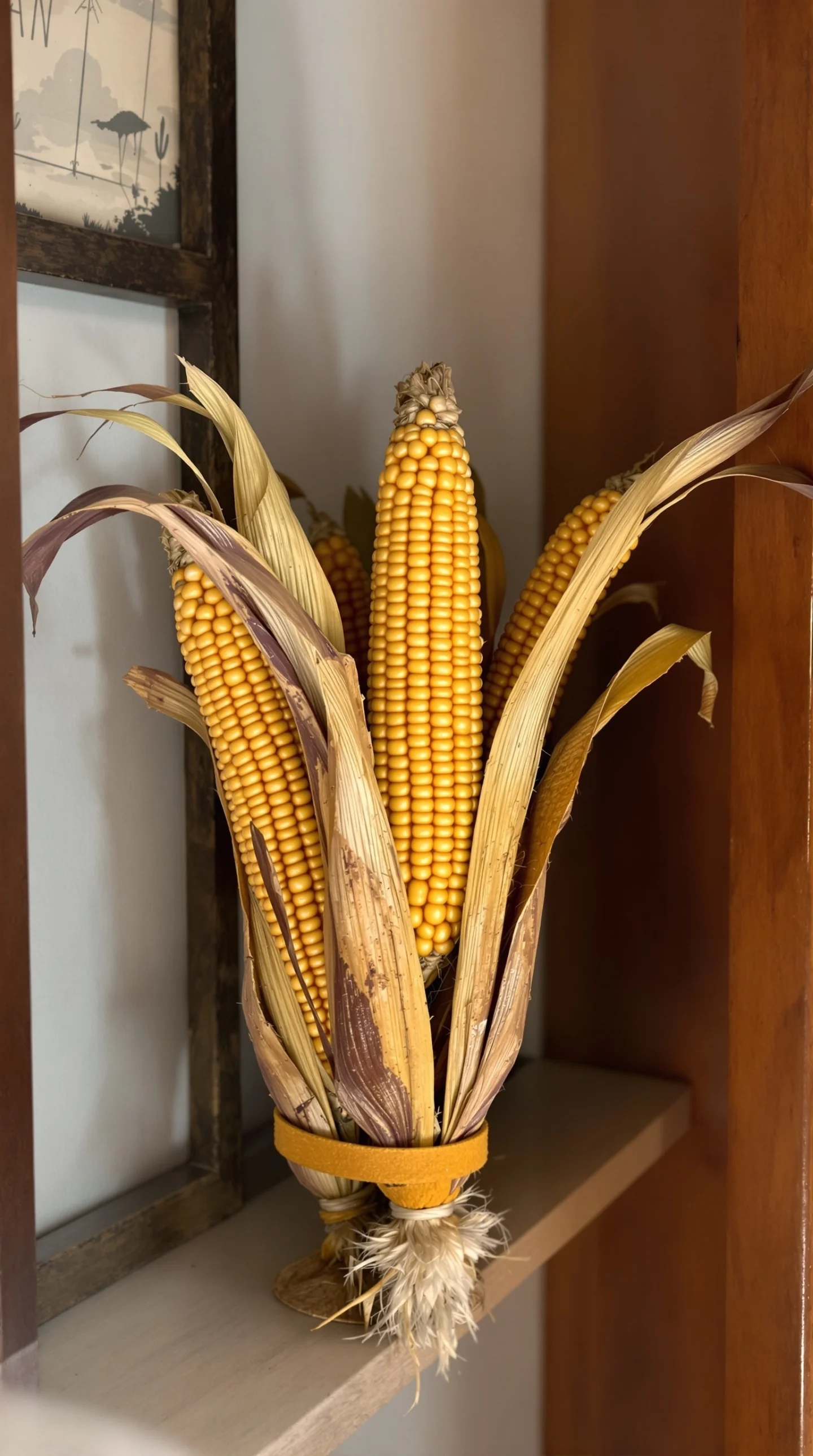 Decorative corn wreath displayed on a shelf