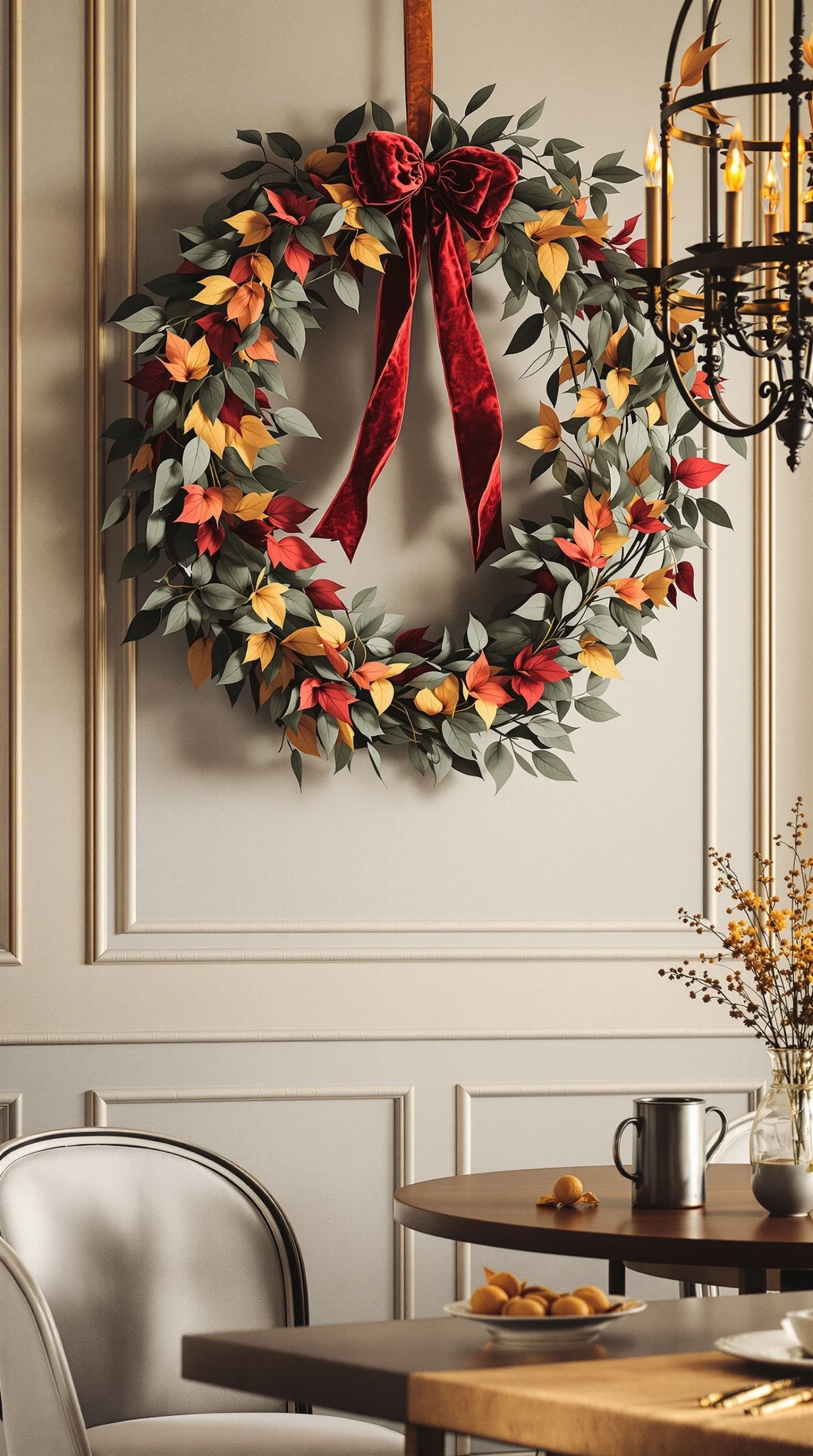17 Cozy Fall Wreath Ideas to Make Your Front Door Shine 20 A beautiful fall wreath featuring vibrant leaves and a velvet ribbon, perfect for autumn decoration.