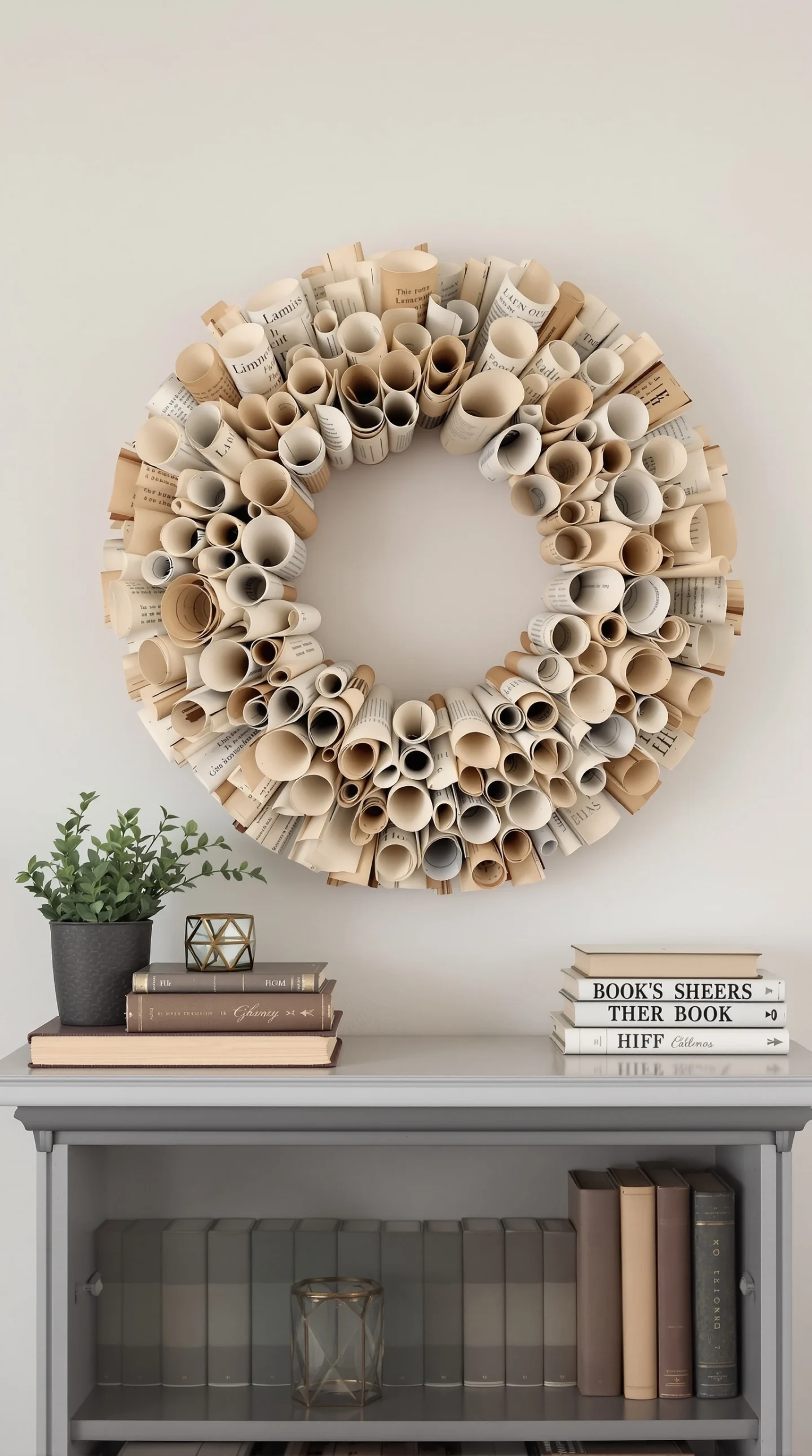 17 Cozy Fall Wreath Ideas to Make Your Front Door Shine 21 A wreath made from rolled pages of old books, displayed on a wall with a decorative shelf below.