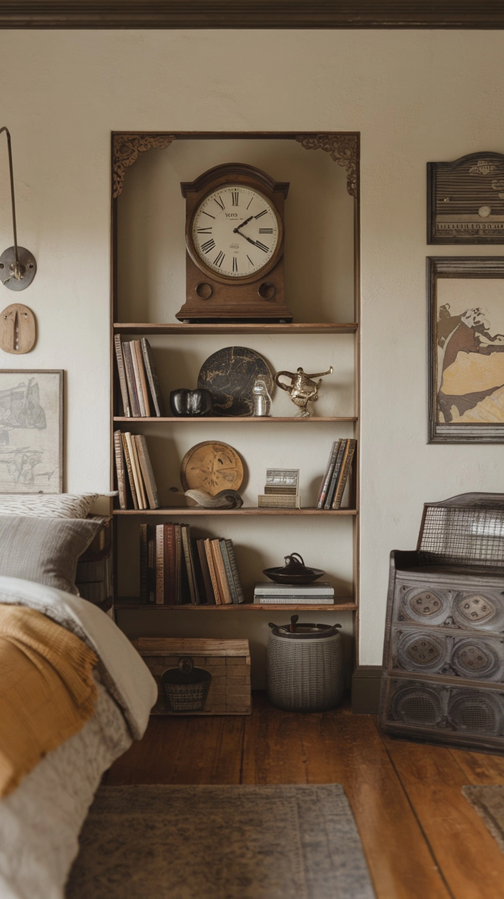 A cozy vintage-inspired bedroom with a wooden shelf displaying antique items and books.