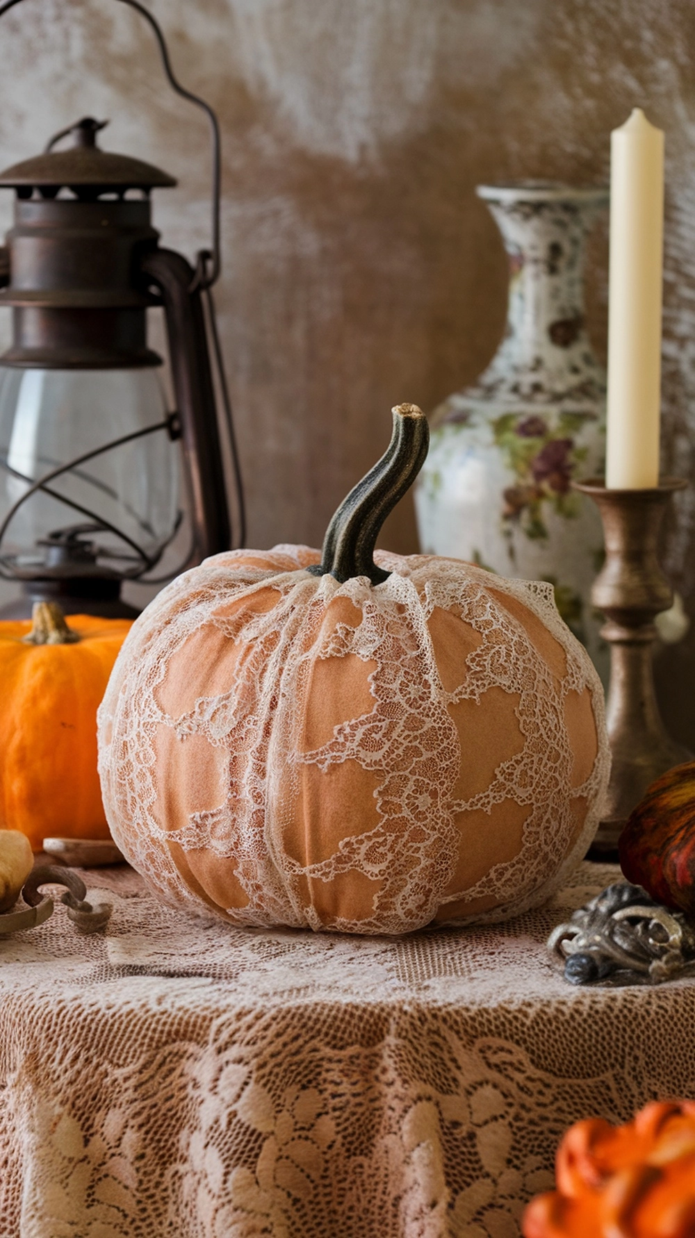 A vintage lace decorated pumpkin on a lace tablecloth, surrounded by other pumpkins and a lantern.