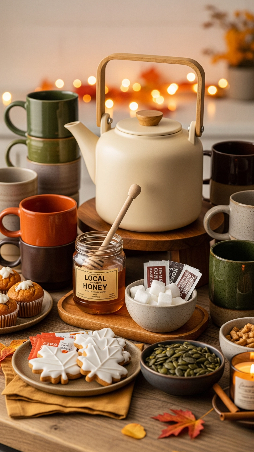 Cozy fall beverage station with white mugs, a pumpkin, and decorative flowers on a wooden table.