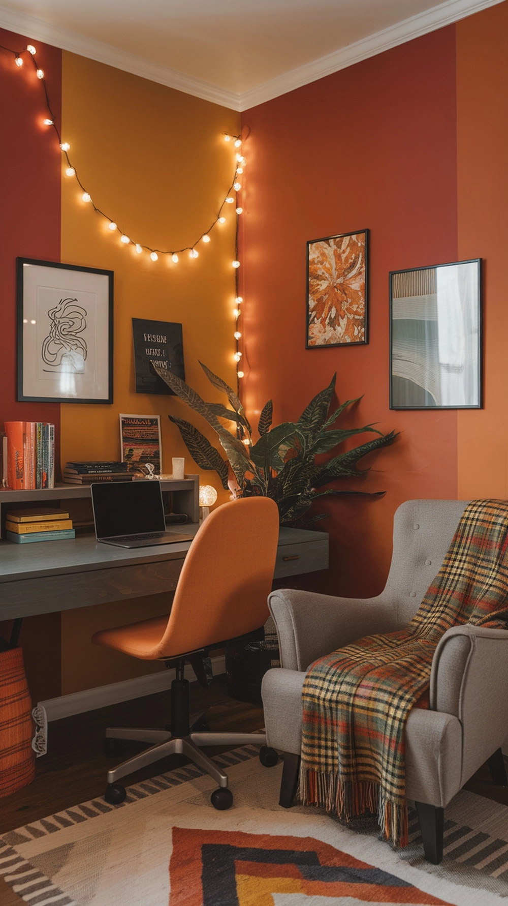A cozy office space decorated for fall with warm colors, string lights, and autumn-themed decor.
