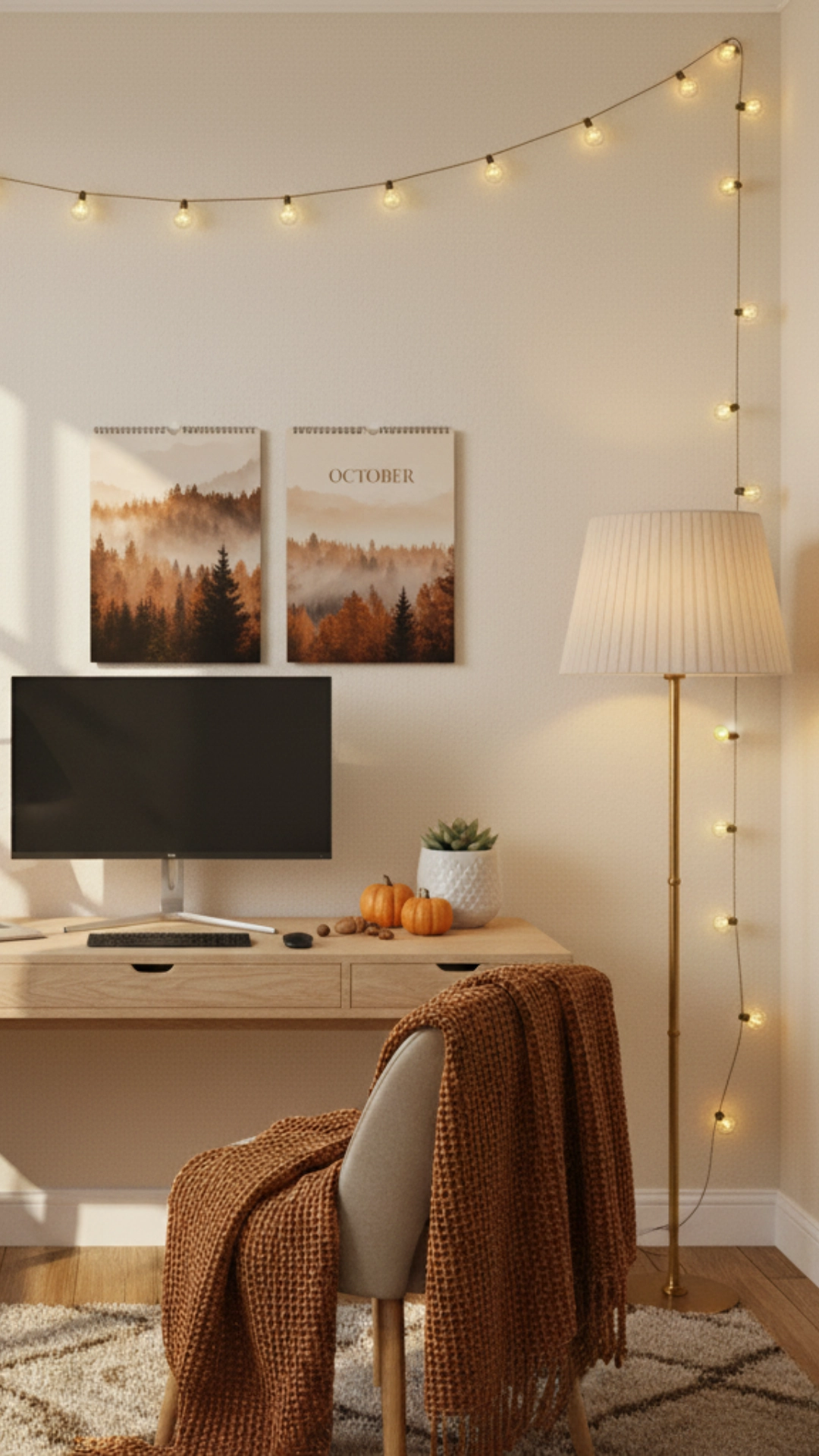 A cozy small office setup with warm lighting, plants, and autumn decor.