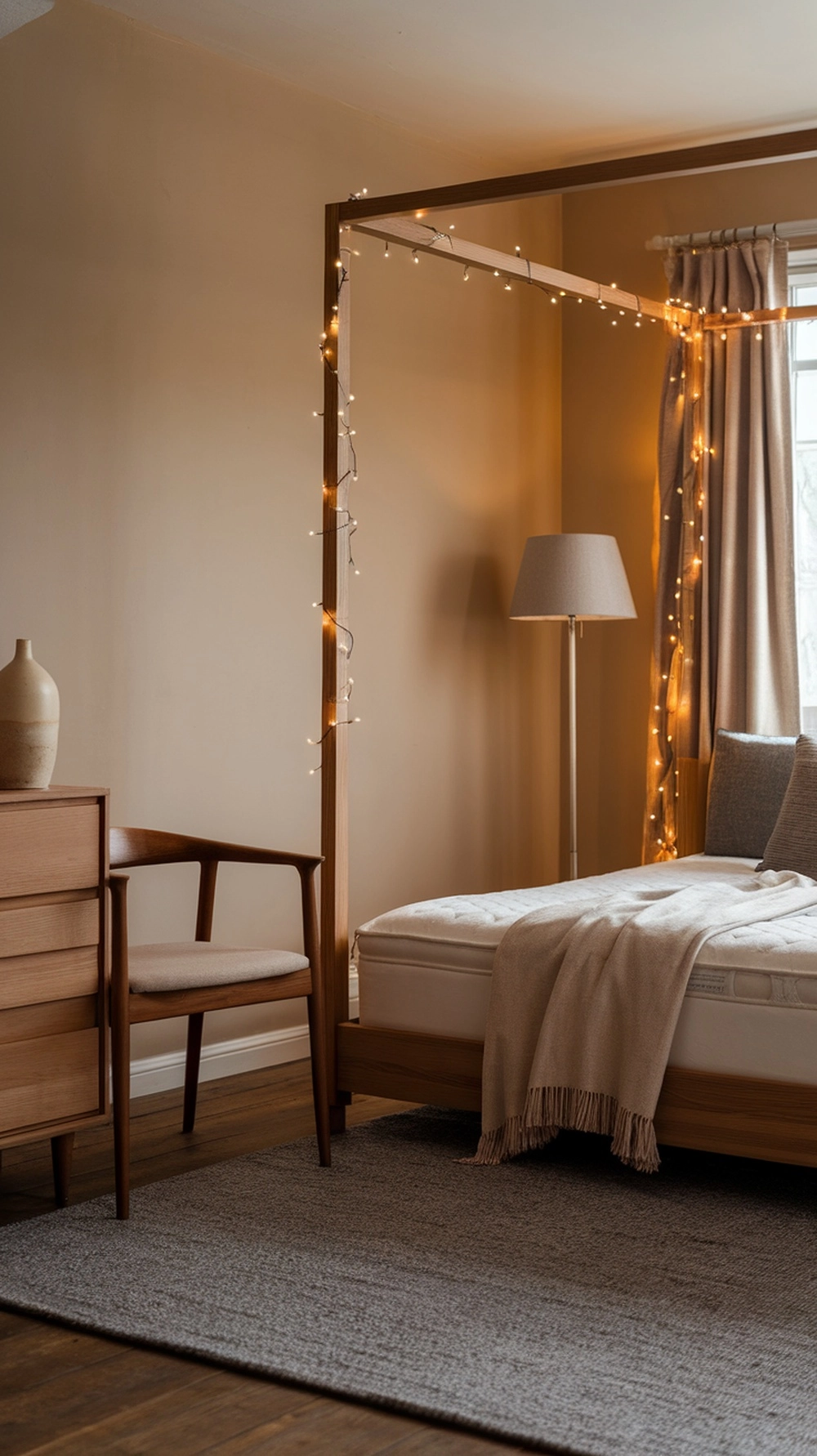 A cozy bedroom with warm fairy lights draped around the bed frame and window.