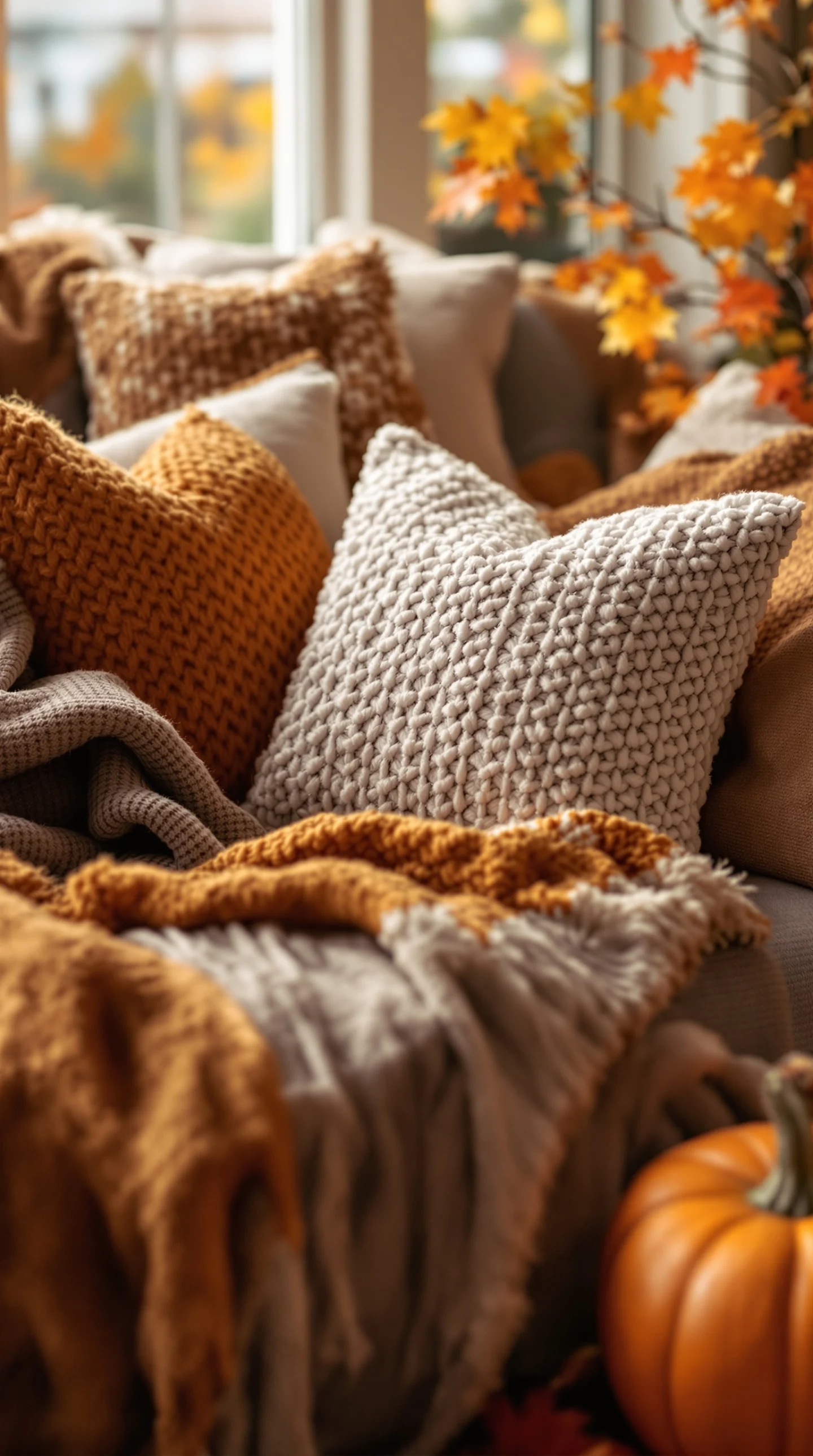 Cozy living room with warm textiles, including knitted pillows and soft throws, featuring autumn colors and a pumpkin.