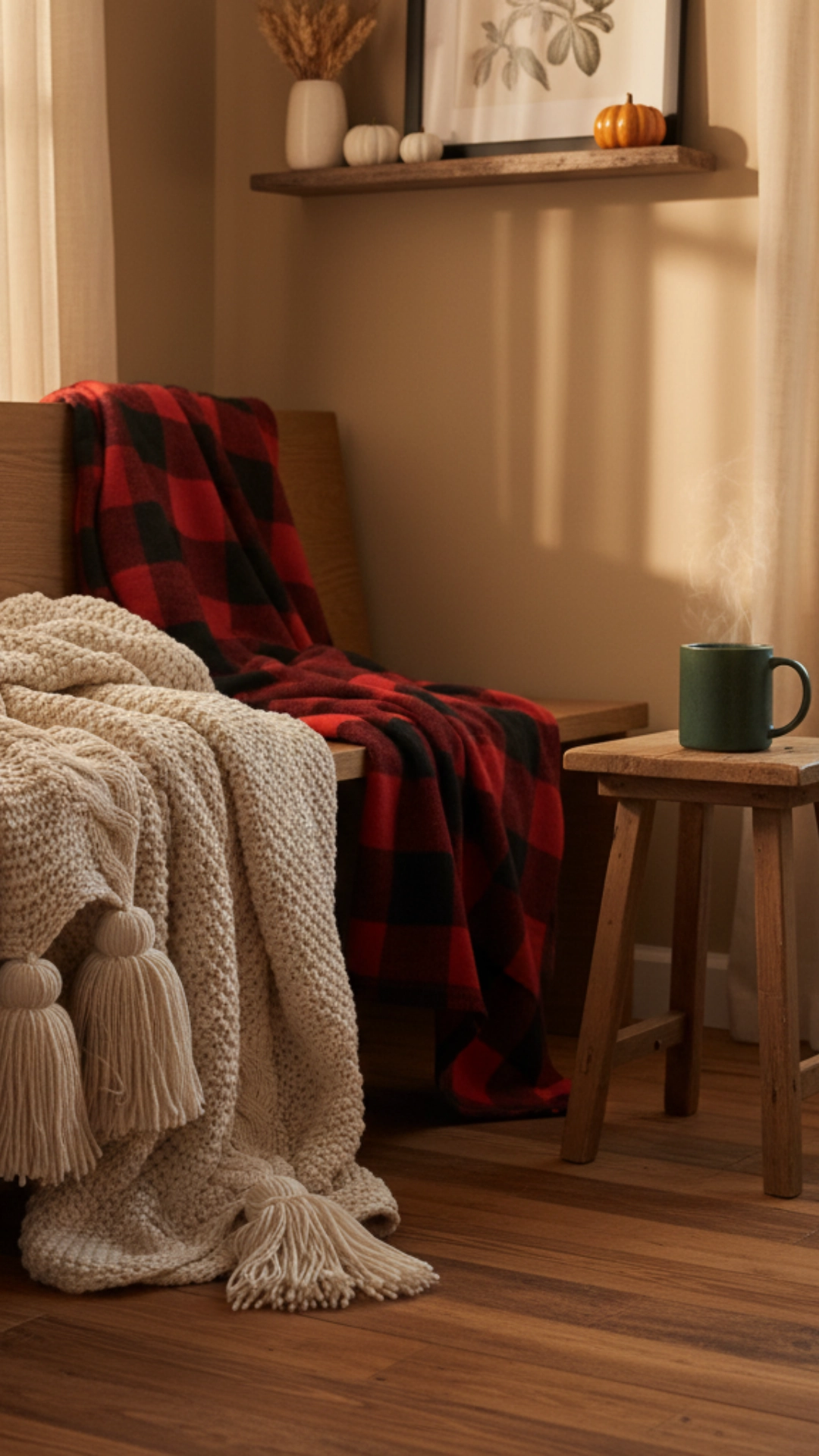 A warm throw blanket draped over a wooden chair in a cozy kitchen setting.