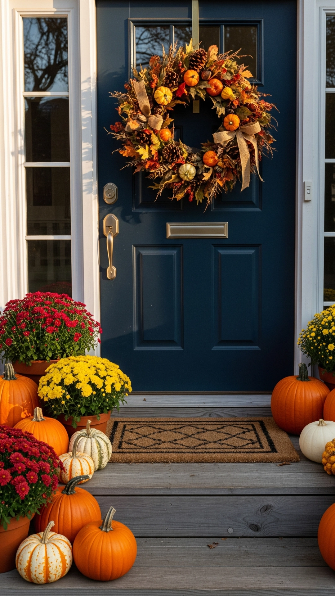 How to Make Your Fall Home Decor Look Expensive 5 A navy blue front door adorned with a rustic DIY fall wreath, with pumpkins and mums decorating the steps.