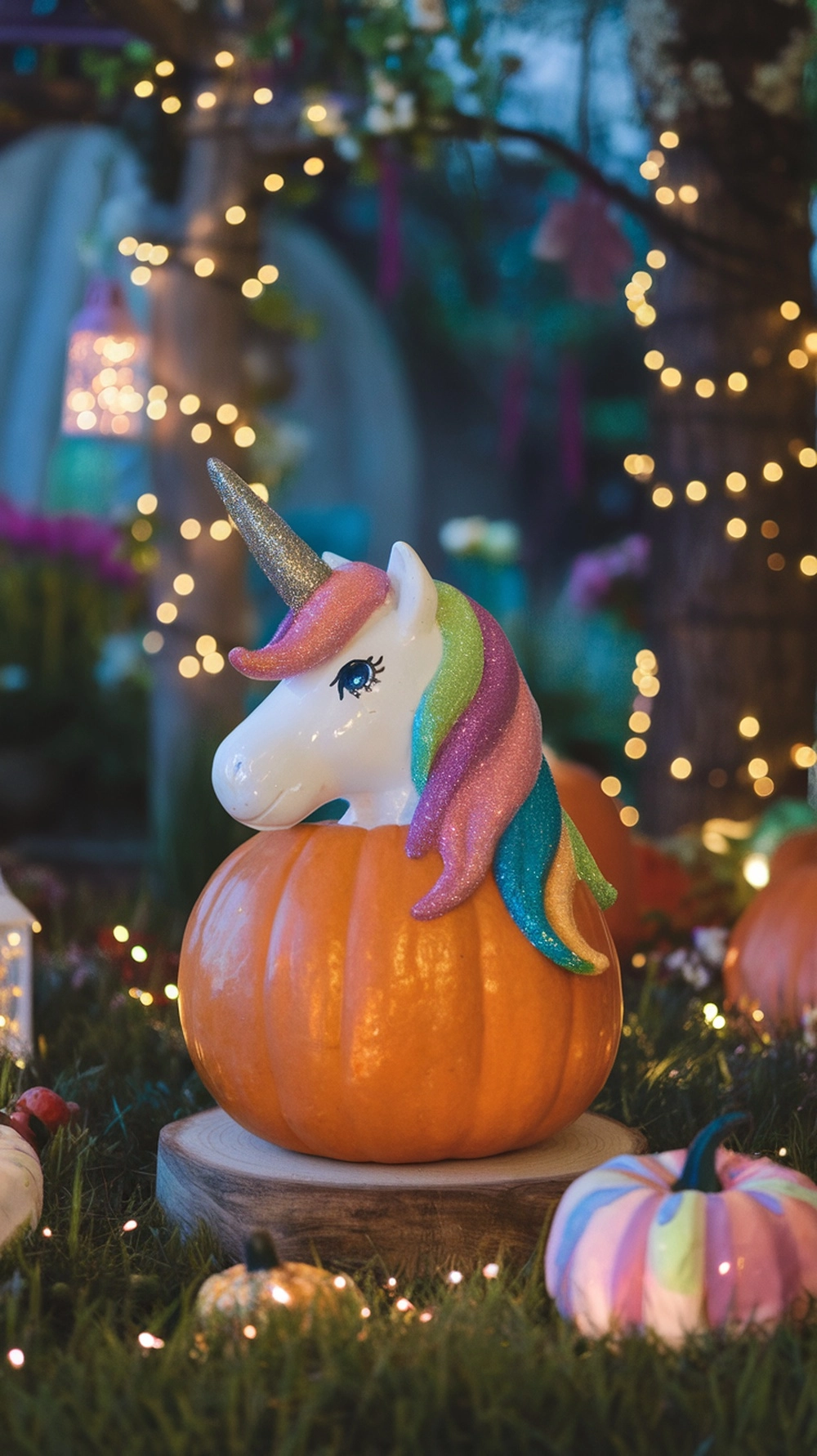 A whimsical unicorn figurine on a pumpkin, surrounded by fairy lights and other decorated pumpkins.