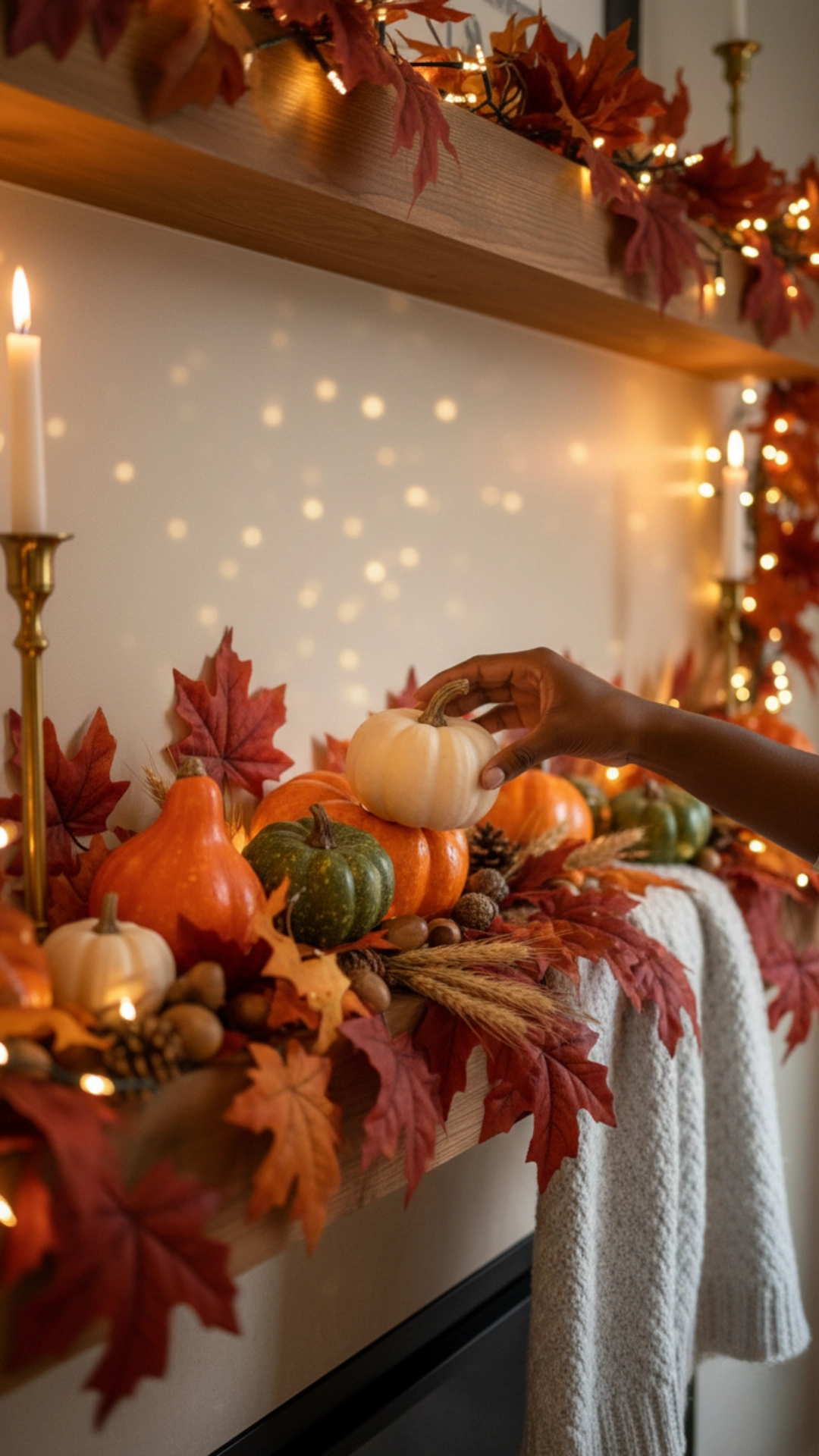 Incredible Fall Mantle Decor Ideas You'll Obsess Over 2 Fall Mantle Decor Ideas. Woman's hand placing a white pumpkin on a fall mantle