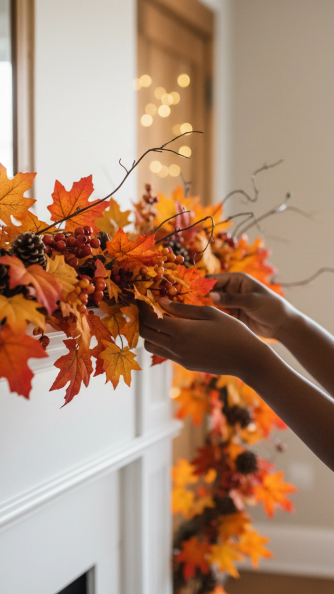 Incredible Fall Mantle Decor Ideas You'll Obsess Over 6 Woman's hands arranging a fall leaf garland on a mantle.