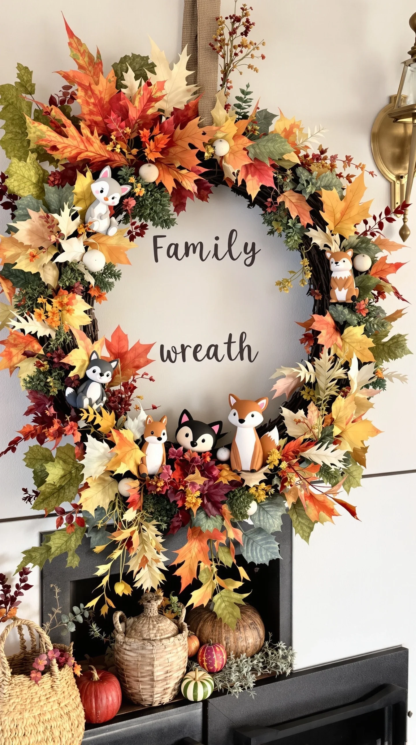 17 Cozy Fall Wreath Ideas to Make Your Front Door Shine 13 A colorful fall wreath featuring woodland creatures and autumn leaves.