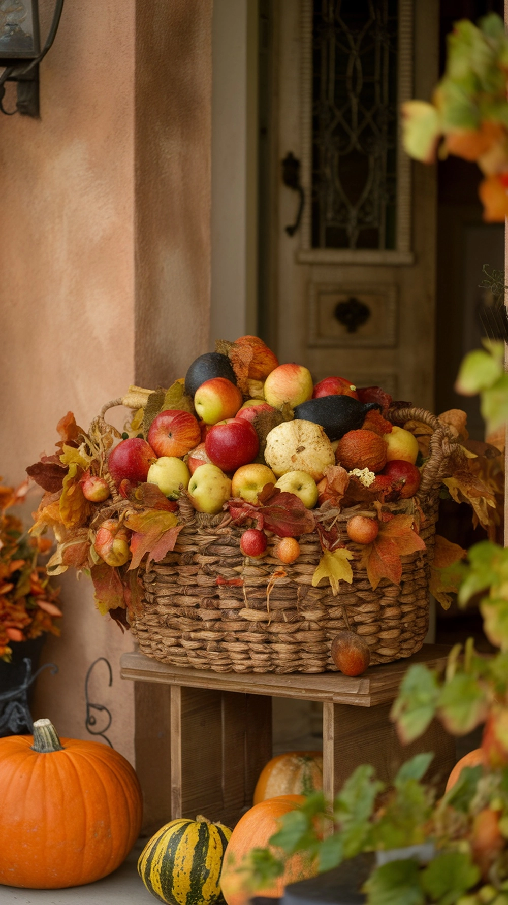 14 Beautiful Fall Door Decorations to Welcome Autumn 16 A woven basket filled with colorful apples and pumpkins, surrounded by autumn leaves on a porch.