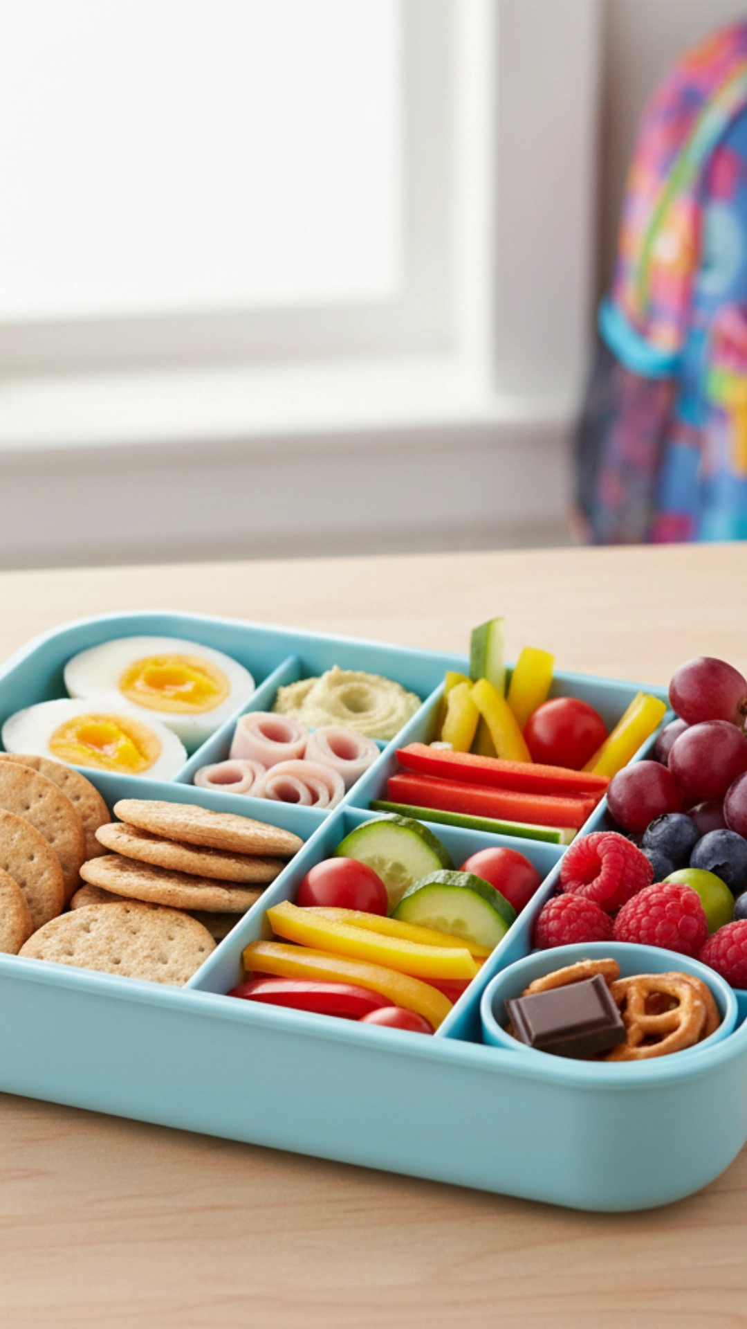 Creative and Healthy School Lunch Ideas for Kids 2 A kid-friendly "Build Your Own" bento box with a smiley-face sandwich, fruit skewers, and veggie sticks.
