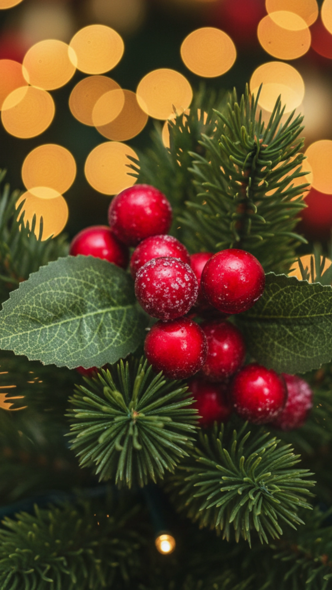 A close-up of bright red berry sprigs tucked into a green Christmas tree branch.