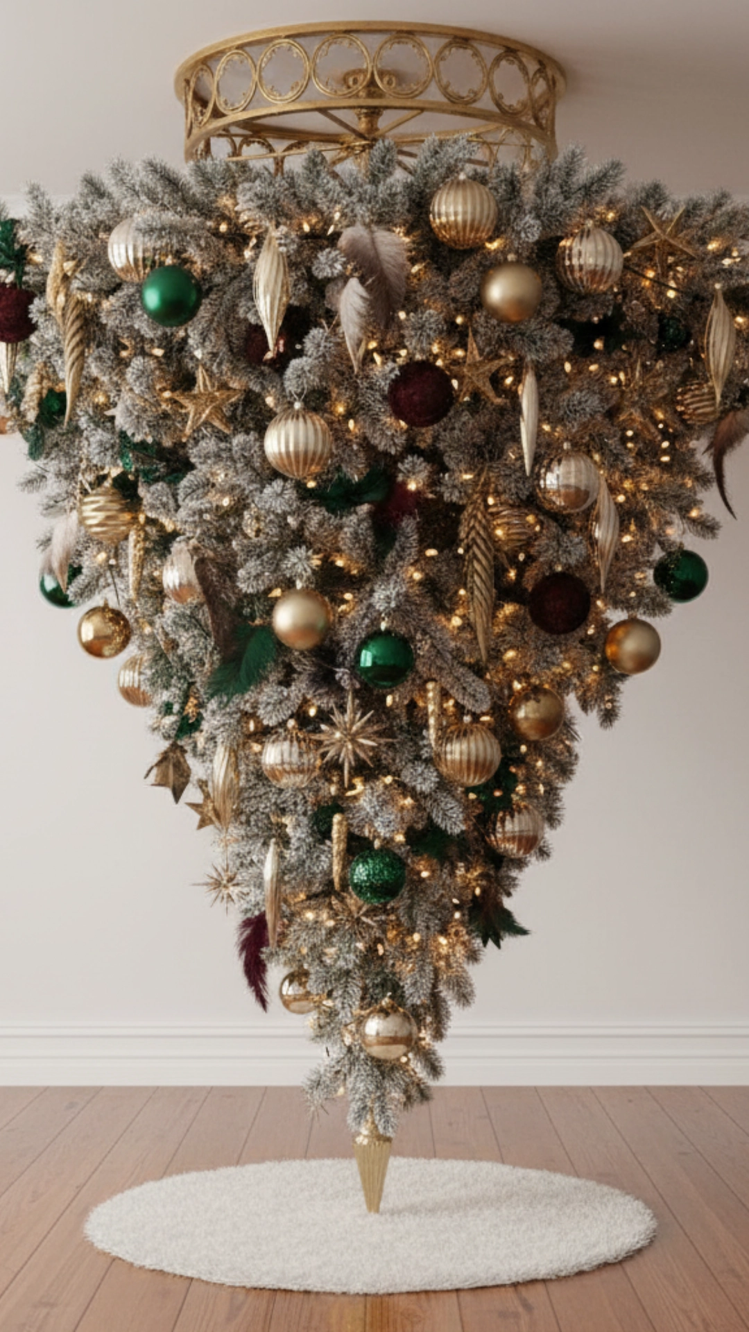  The bottom tip of an inverted, decorated Christmas tree pointing towards the floor.