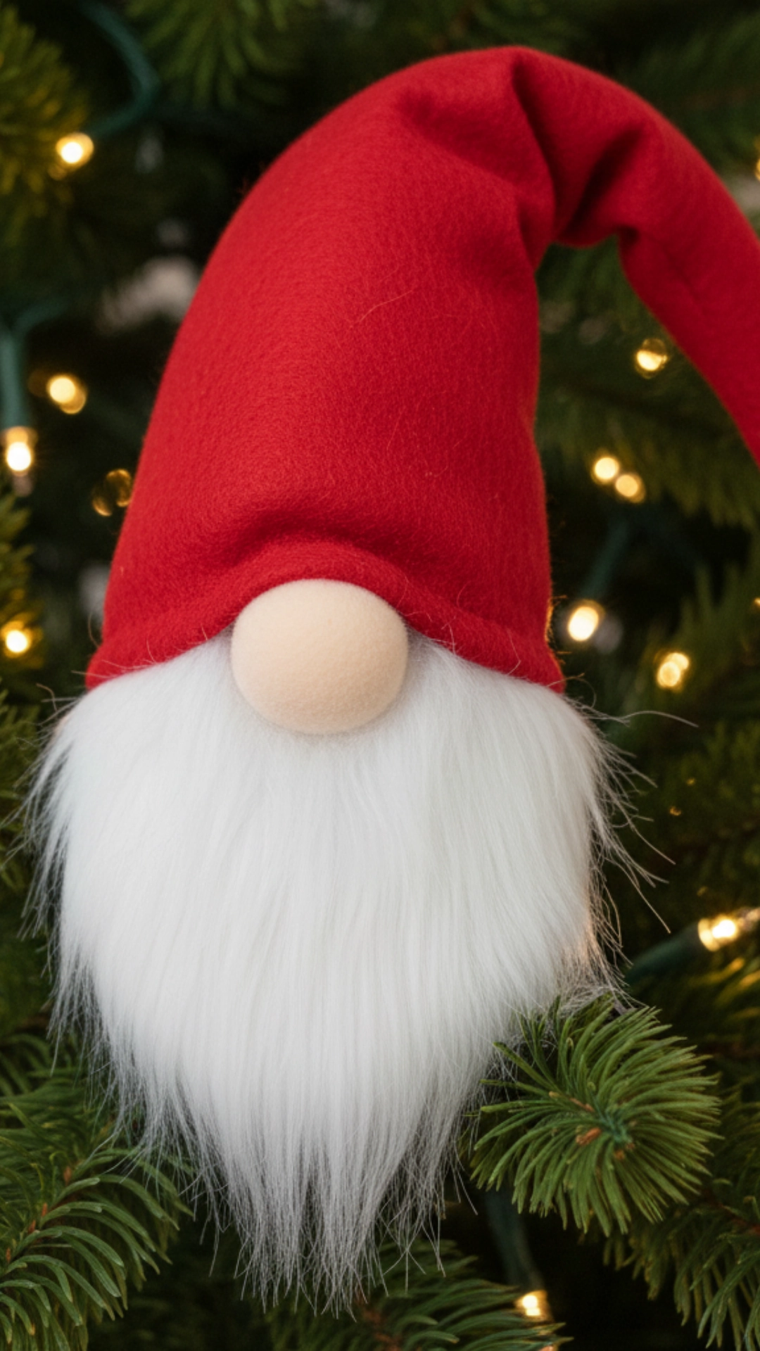 A cute Christmas gnome ornament with a red hat and white beard peeking out from a Christmas tree.