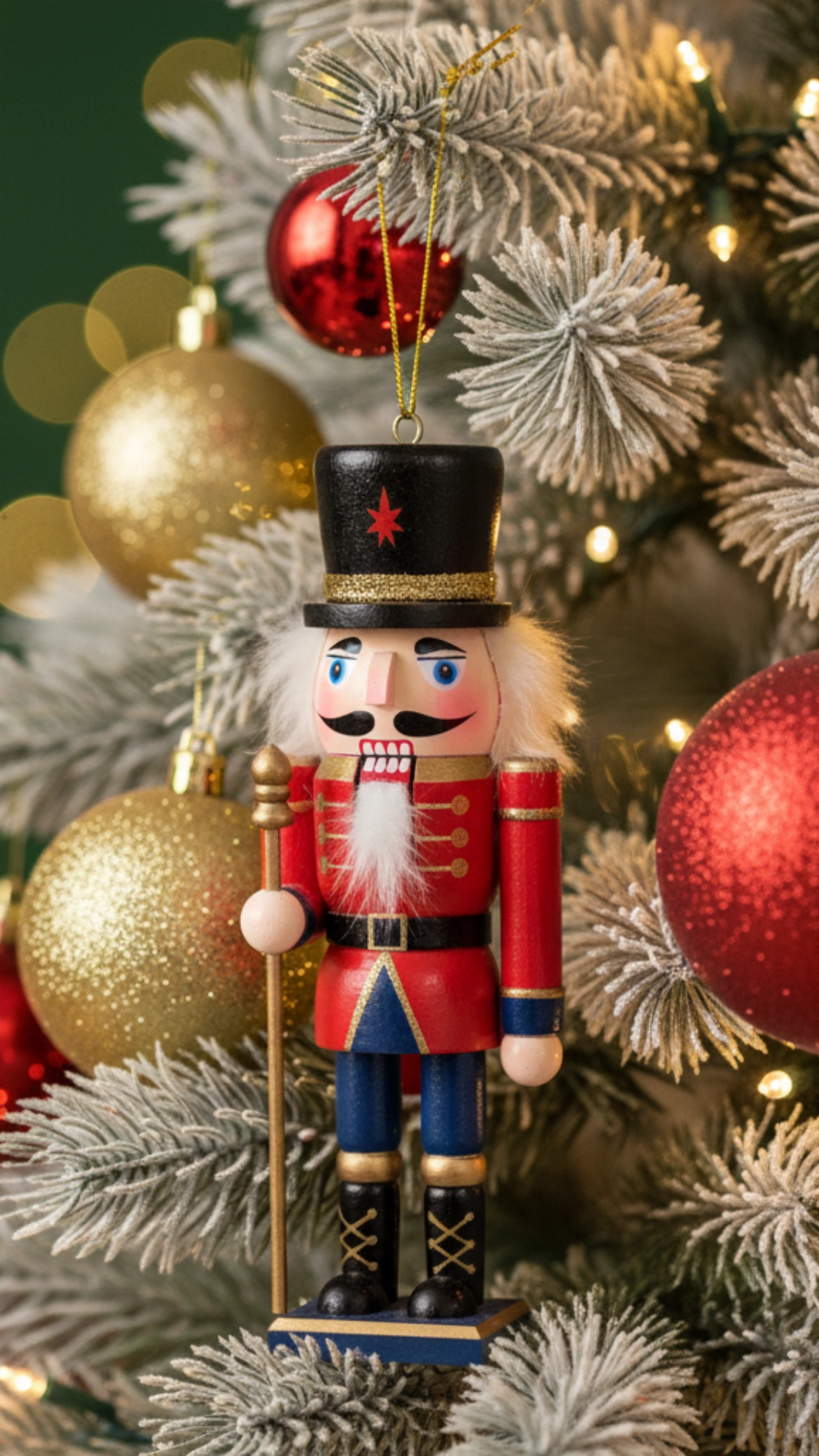 A classic Nutcracker soldier ornament hanging on a festive Christmas tree.