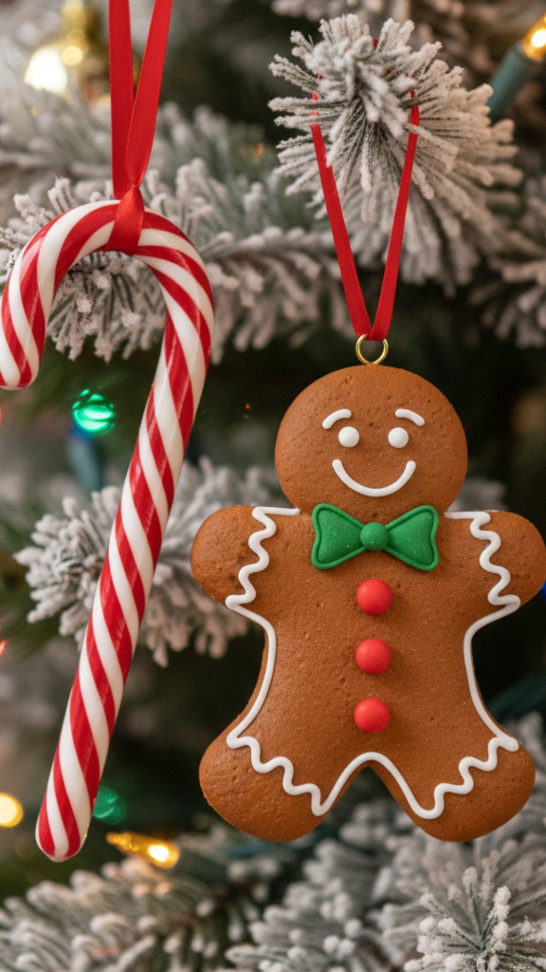 A candy cane and a gingerbread man ornament hanging side-by-side on a Christmas tree.