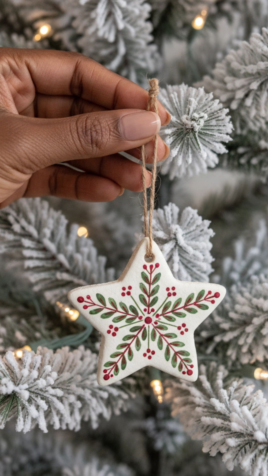 A dark brown woman's hand hanging a white handmade salt dough star ornament on a Christmas tree.