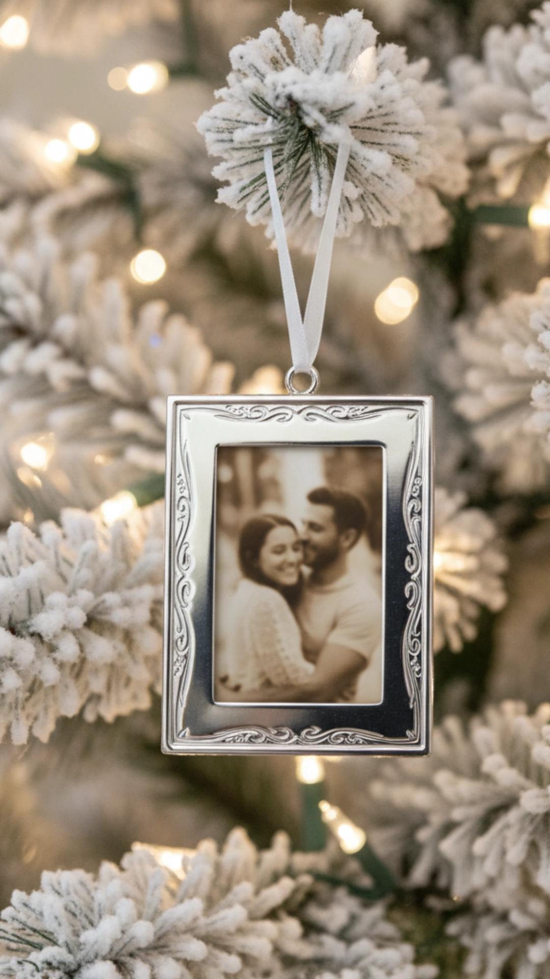 A small silver photo frame ornament with a blurred picture hanging on a Christmas tree.