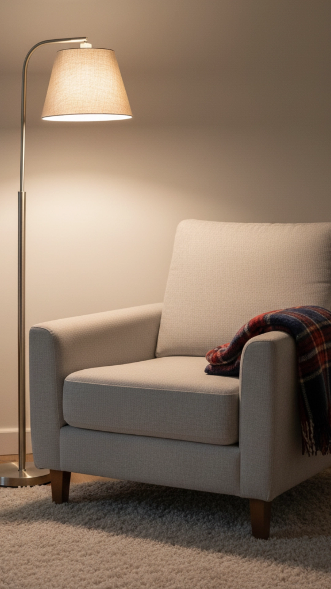 17 Cozy Living Room Decor Ideas for a Warm Winter 6 A comfortable bouclé armchair, part of a cozy living room reading nook.