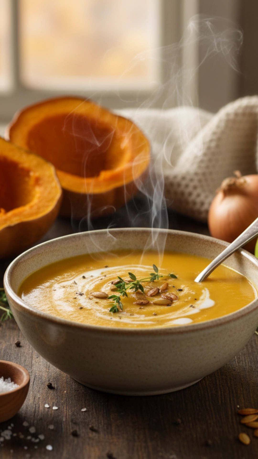 15 Irresistible Cozy Thanksgiving Soups Everyone Will Love 14 Warm Acorn Squash and Apple Soup with a rich, yellow color, garnished with a sprinkle of dried thyme.
