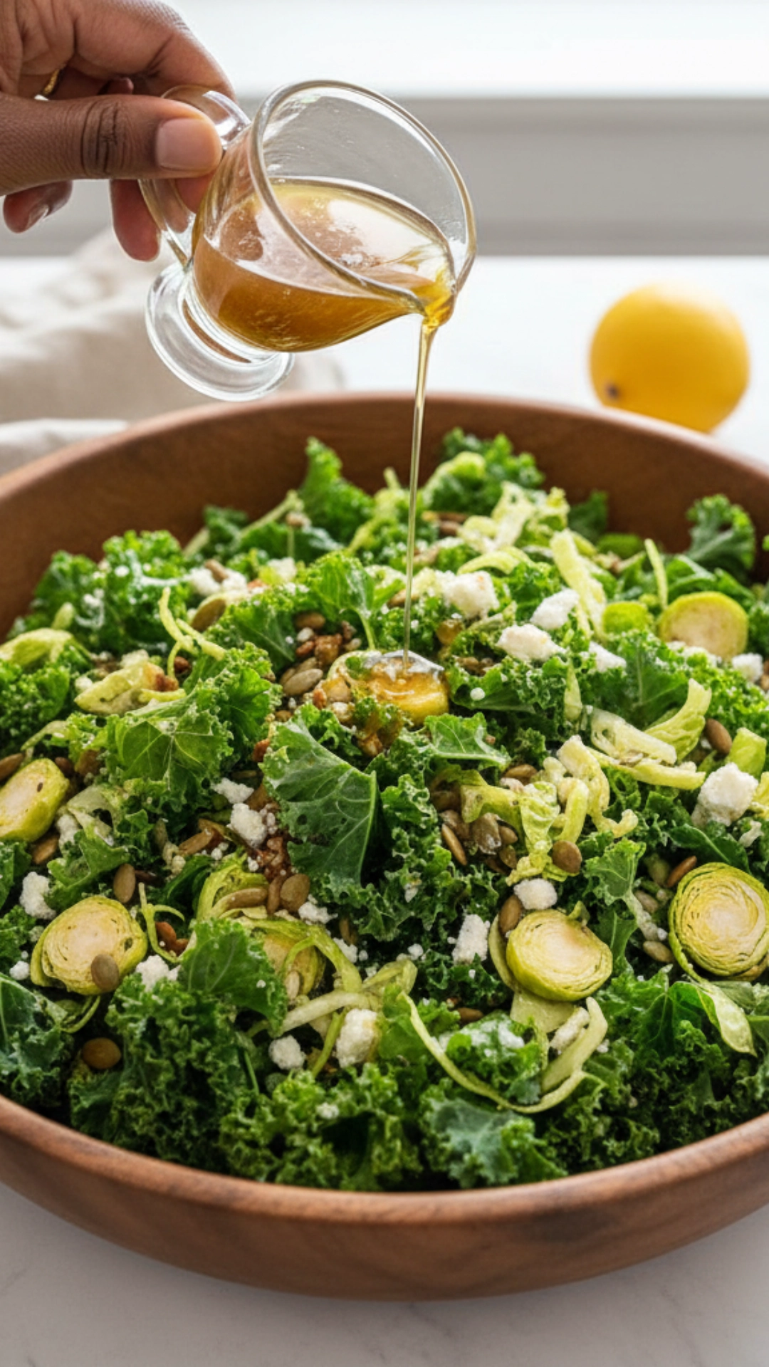 How to Plan the Perfect Thanksgiving Menu 8 Drizzling vinaigrette from a glass pitcher over a fresh kale salad in a large wooden bowl.