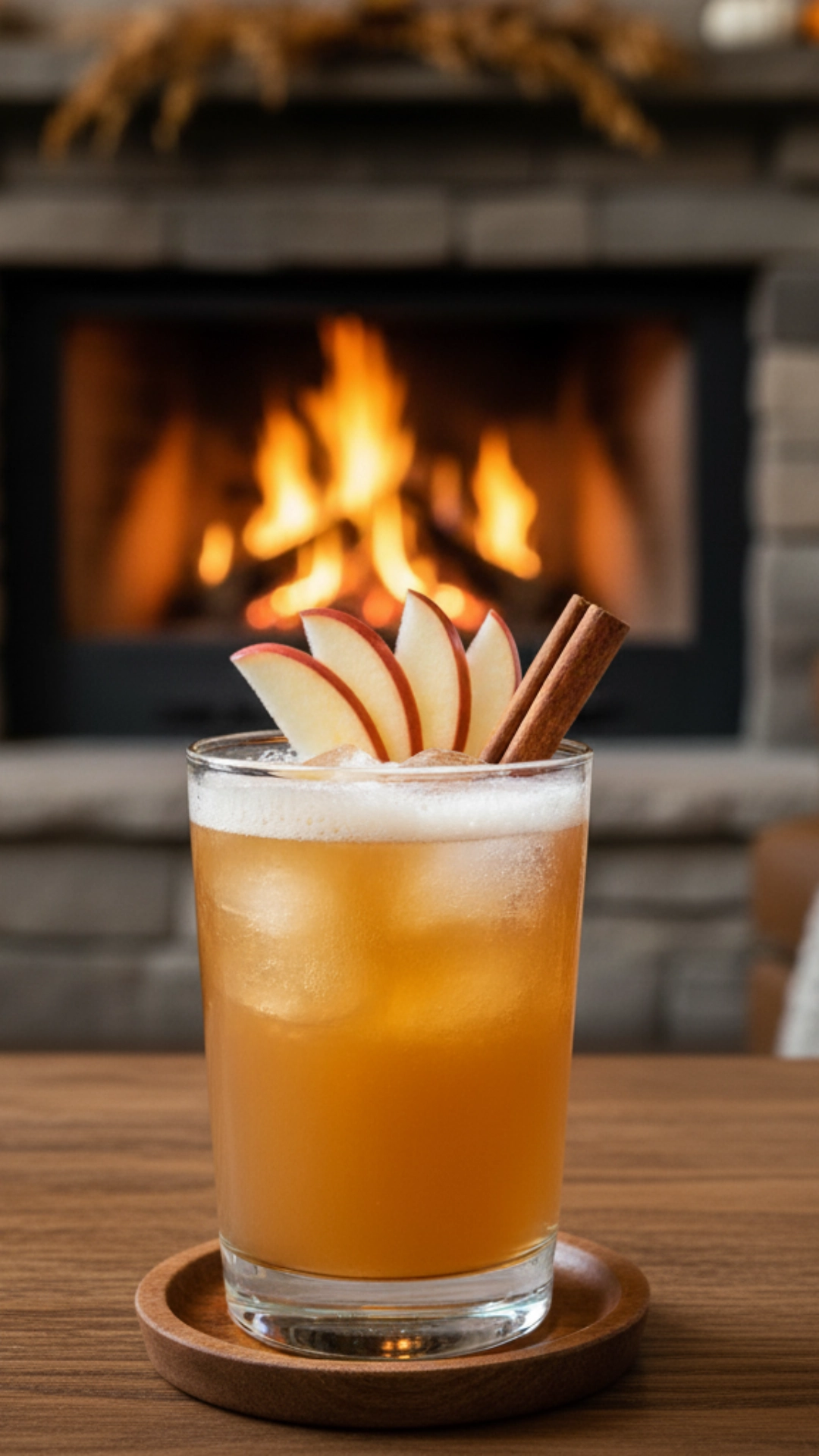 A woman's hand holds a glass of Apple Cider Bourbon Smash, a classic fall cocktail, garnished with an apple slice and cinnamon stick in front of a cozy fireplace.