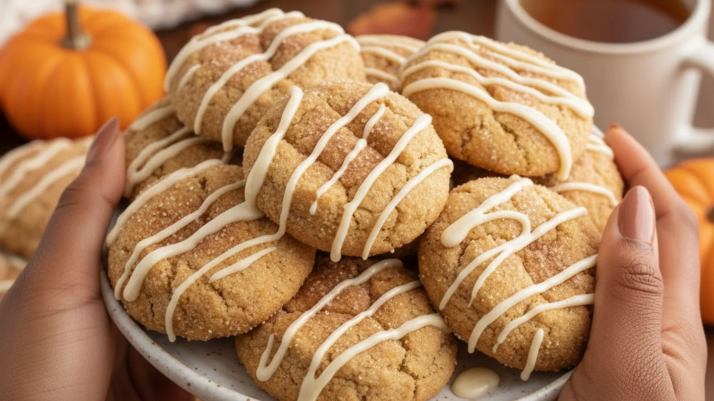 A woman holding a white plate piled with chewy apple cider cookies drizzled with glaze, set against a cozy autumn background with a blanket and pumpkins.
