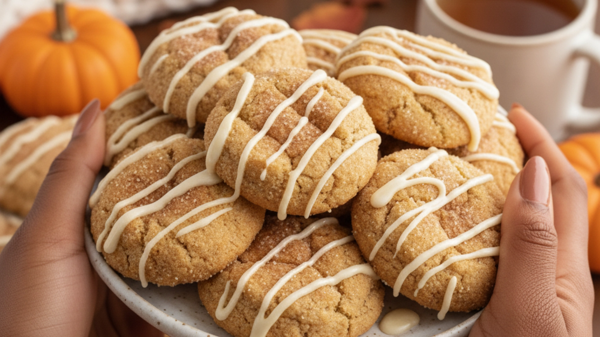 A woman holding a white plate piled with chewy apple cider cookies drizzled with glaze, set against a cozy autumn background with a blanket and pumpkins.