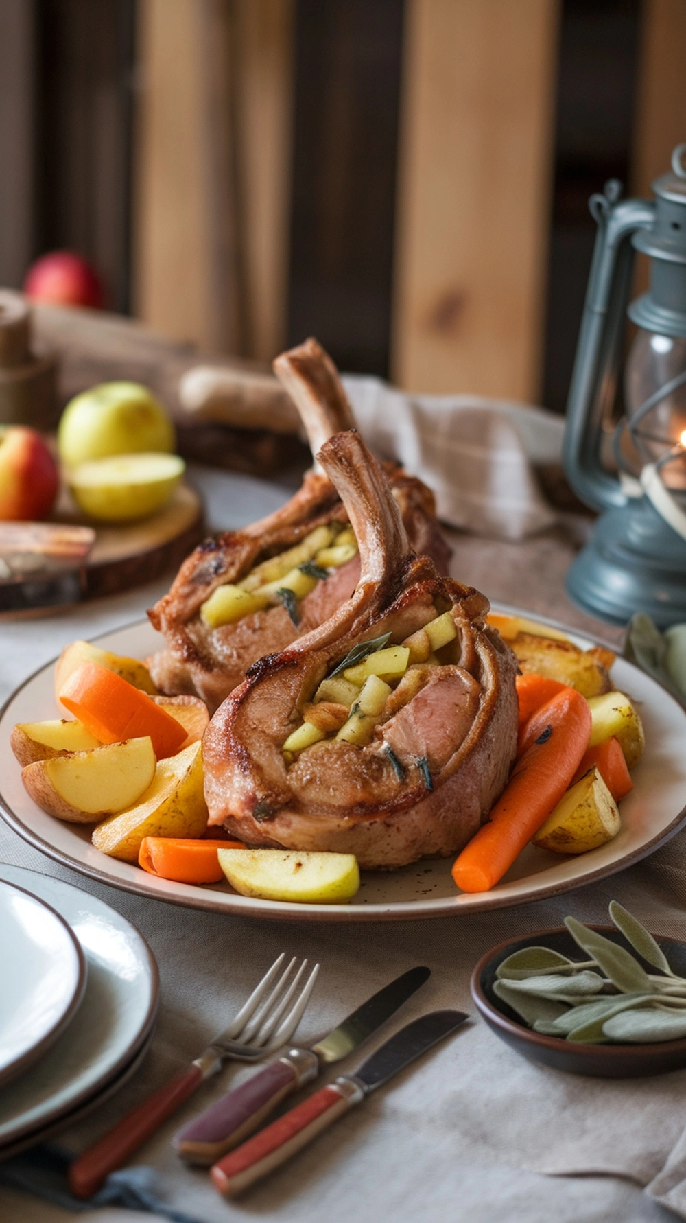 12 Cozy Fall Dinner Recipes To Warm You Up 8 Apple and sage stuffed pork chops on a plate with roasted vegetables.