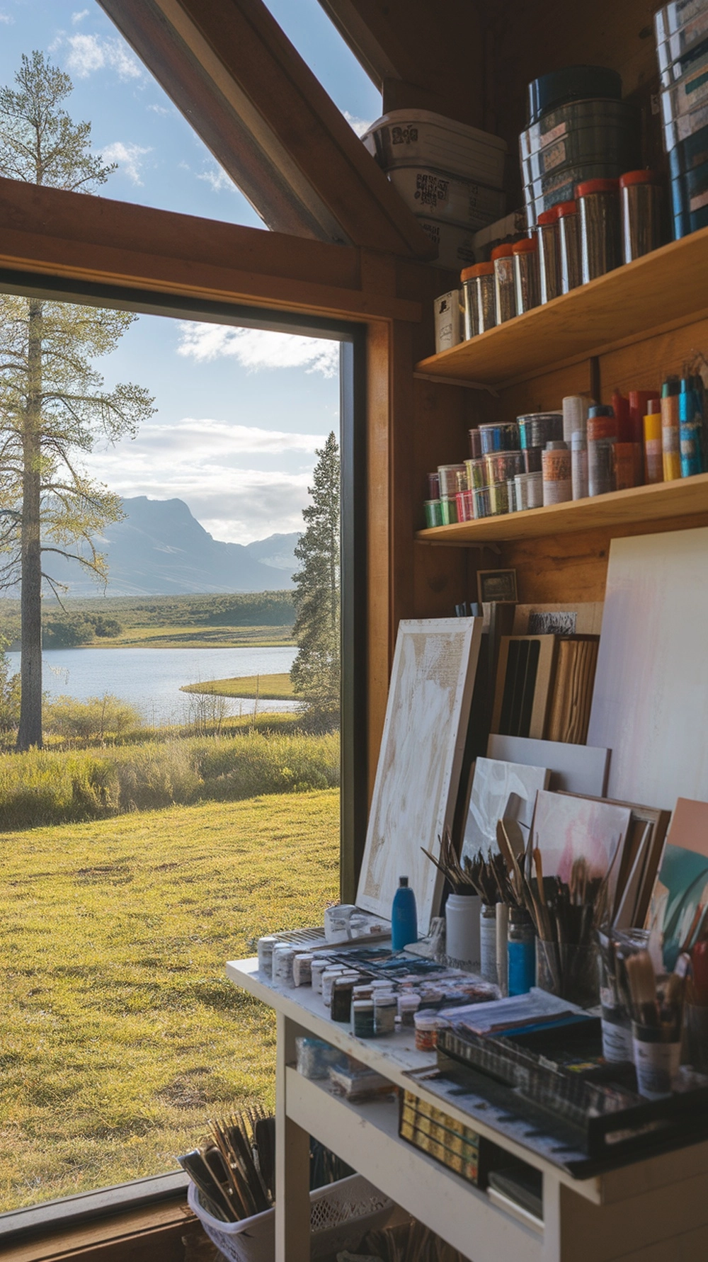 10 Cozy Cabin Trip Ideas for Your Next Adventure 8 A cozy cabin interior with art supplies and a view of nature