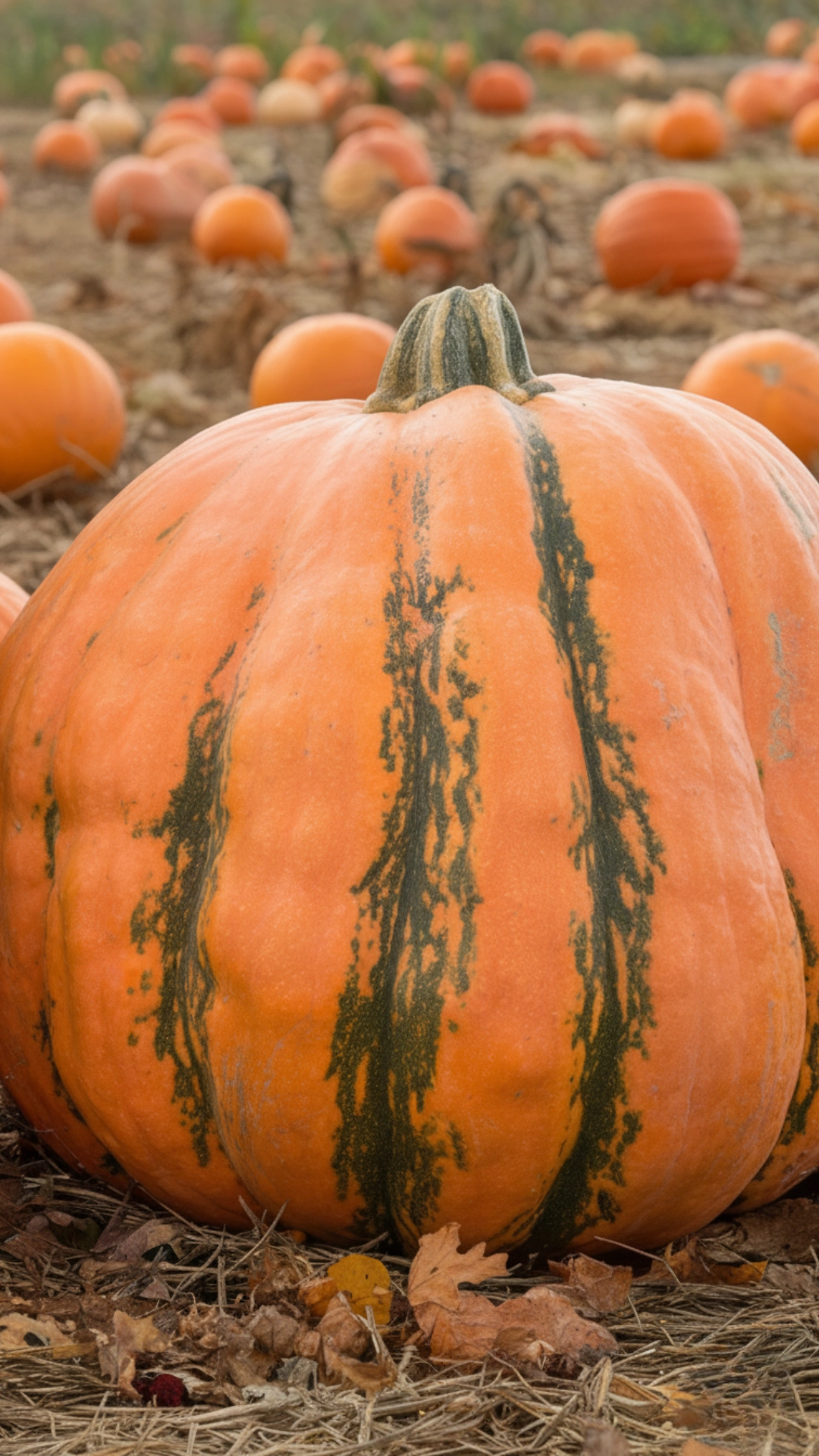 A large Atlantic Giant pumpkin in a pumpkin patch