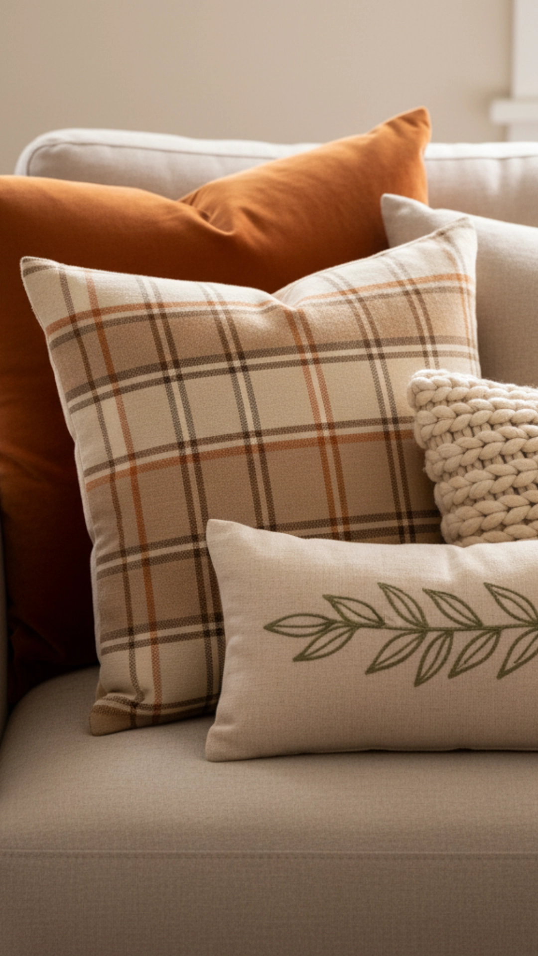 15 Unforgettable Rustic Living Room Decor Ideas 6 A close-up of the corner of a neutral-colored sofa styled with a variety of fall-themed pillows in different textures and patterns.
