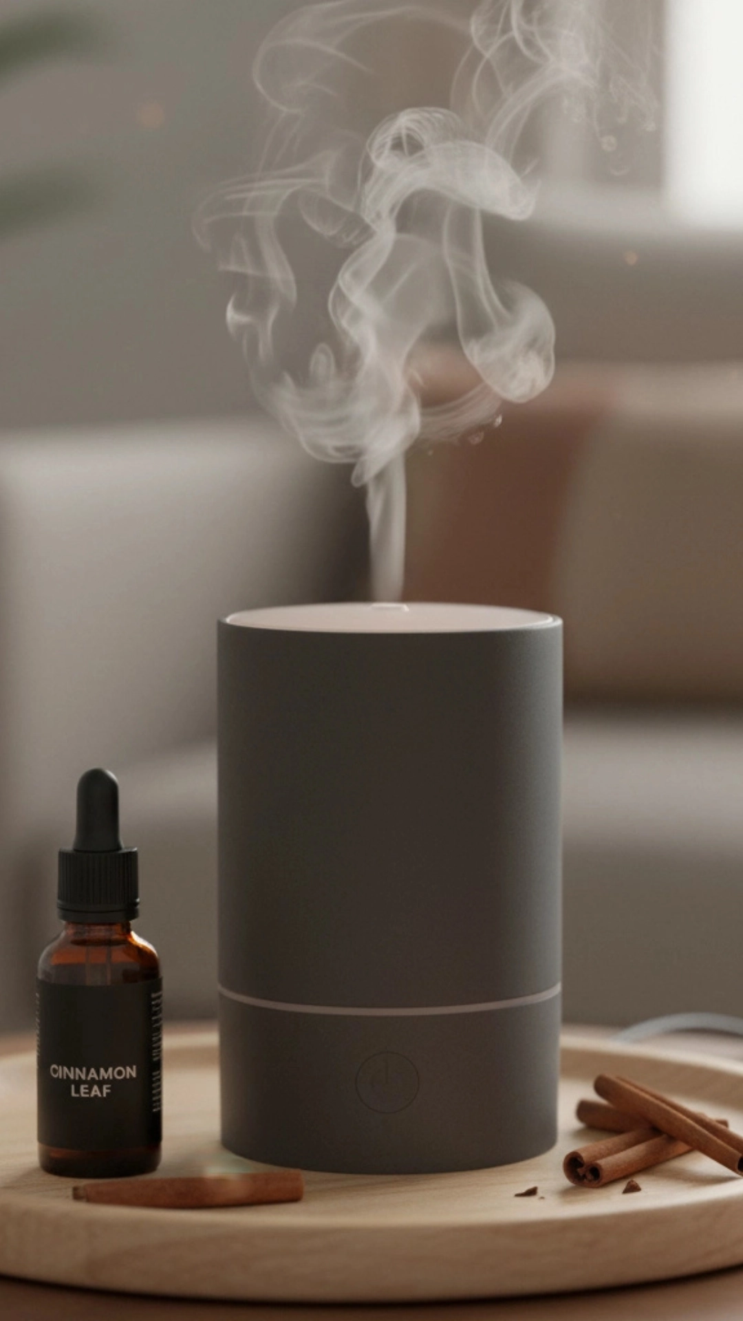 10 Insane Modern Living Room Decor Ideas for Autumn 9 A modern essential oil diffuser creating a cozy autumn ambiance with a tray of cinnamon sticks.