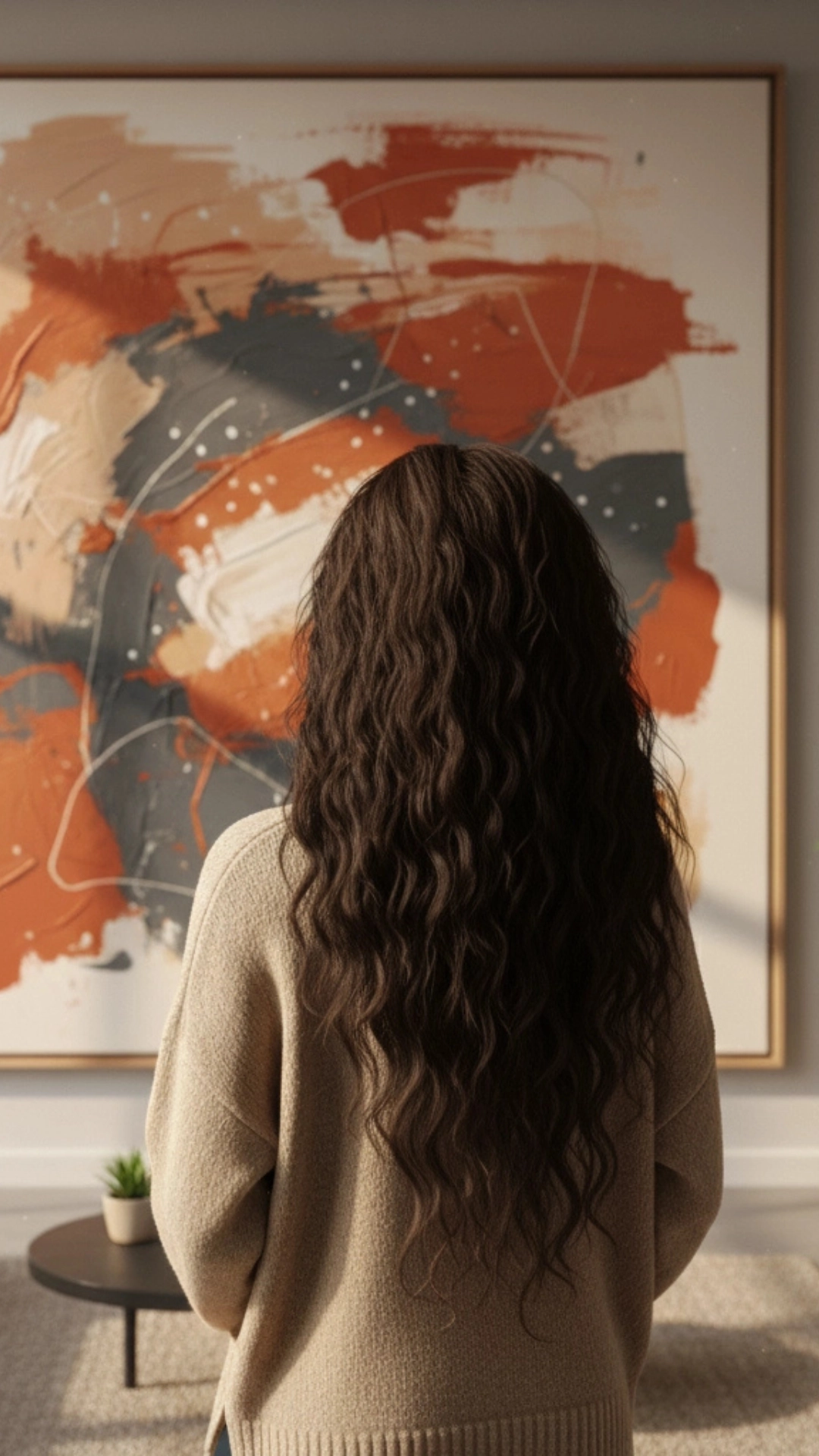 10 Insane Modern Living Room Decor Ideas for Autumn 10 A dark brown woman admiring a large piece of abstract art with a warm, autumnal color palette in her modern living room.
