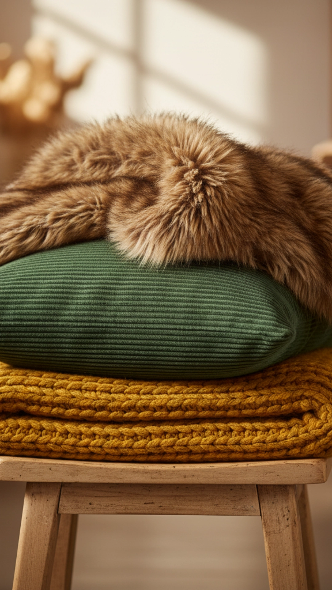 How to Use Cozy Home Decor to Unleash the Power of Fall 2 A close-up, artfully arranged stack of folded fall-themed textiles on a wooden stool. The stack includes a chunky knit mustard yellow blanket, a forest green corduroy pillow, and a brown faux fur throw.