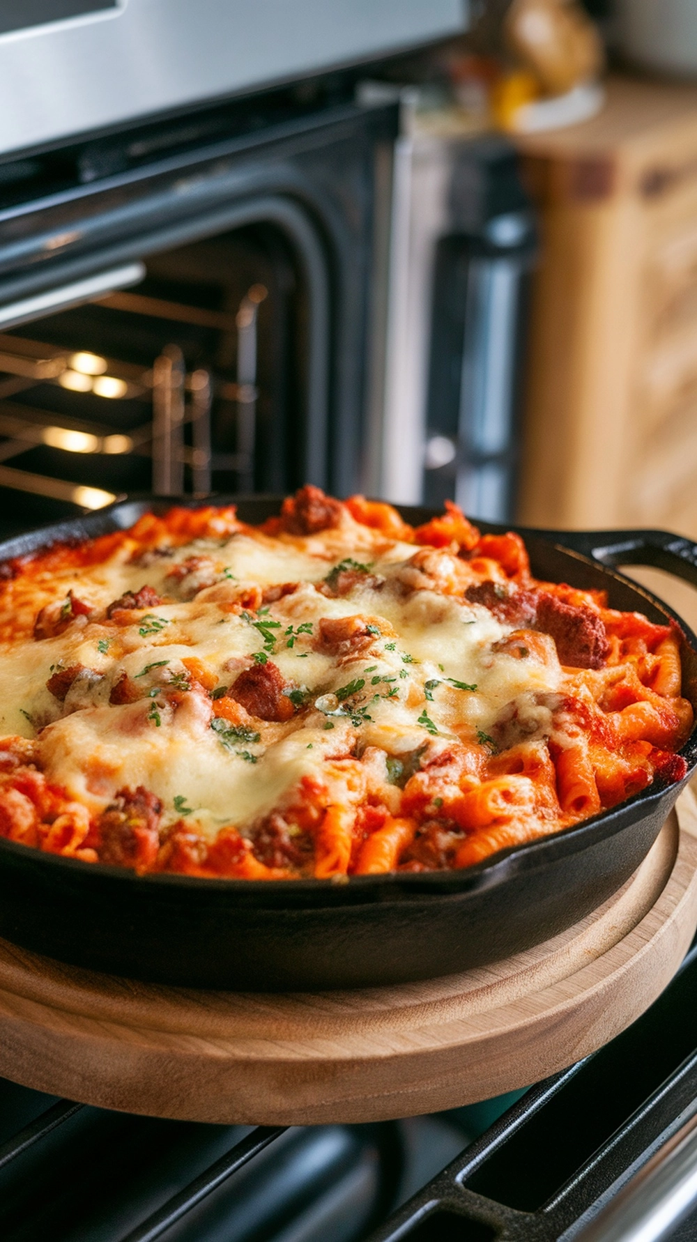 Baked Ziti with Italian Sausage in a cast iron skillet, topped with melted cheese and garnished with parsley.