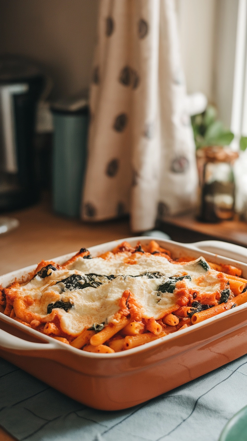 12 Cozy Fall Dinner Recipes To Warm You Up 13 A dish of baked ziti topped with melted cheese and spinach.