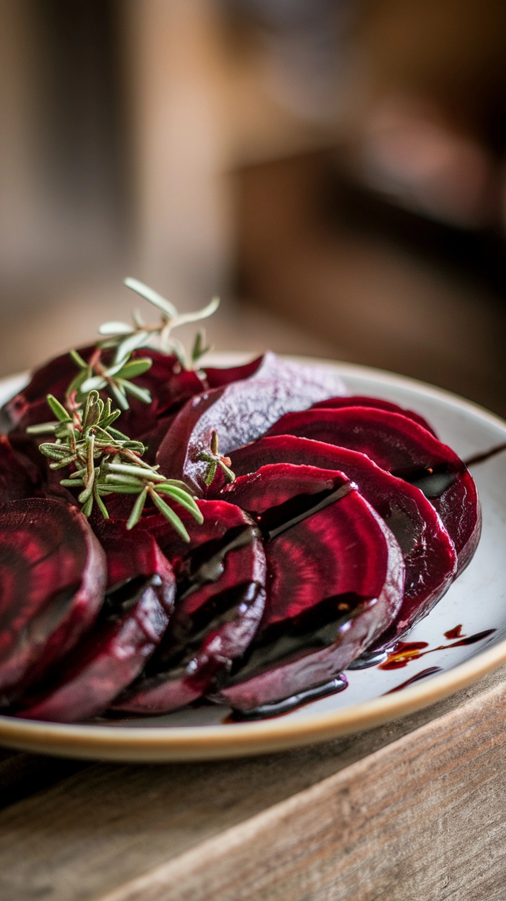 10 Easy Thanksgiving Side Dishes Everyone Will Love 6 A plate of sliced balsamic glazed beets garnished with rosemary.