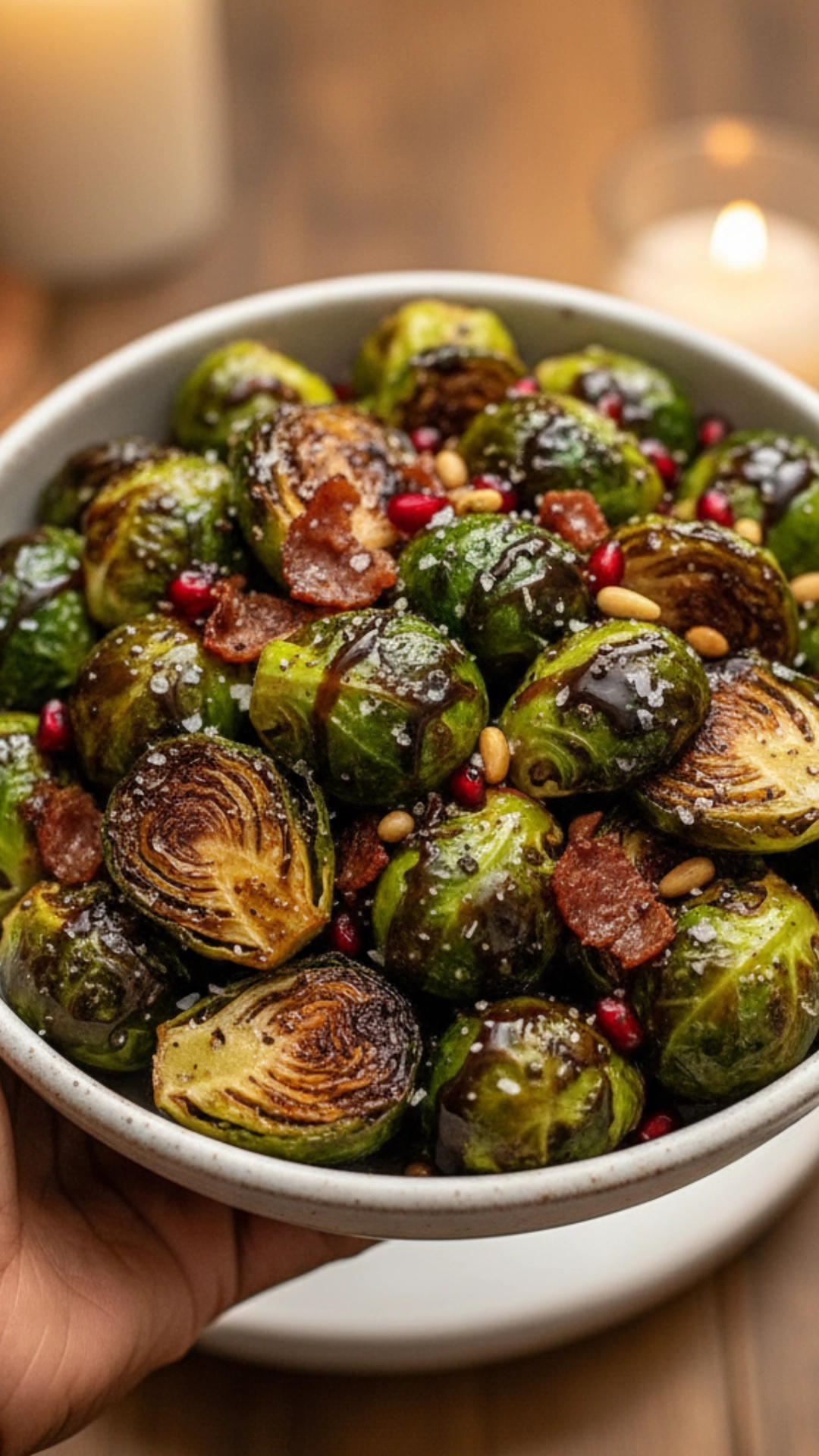 18 Amazing Healthy Thanksgiving Recipes to Try Now 4 A white bowl filled with crispy roasted Brussels sprouts with a balsamic glaze.