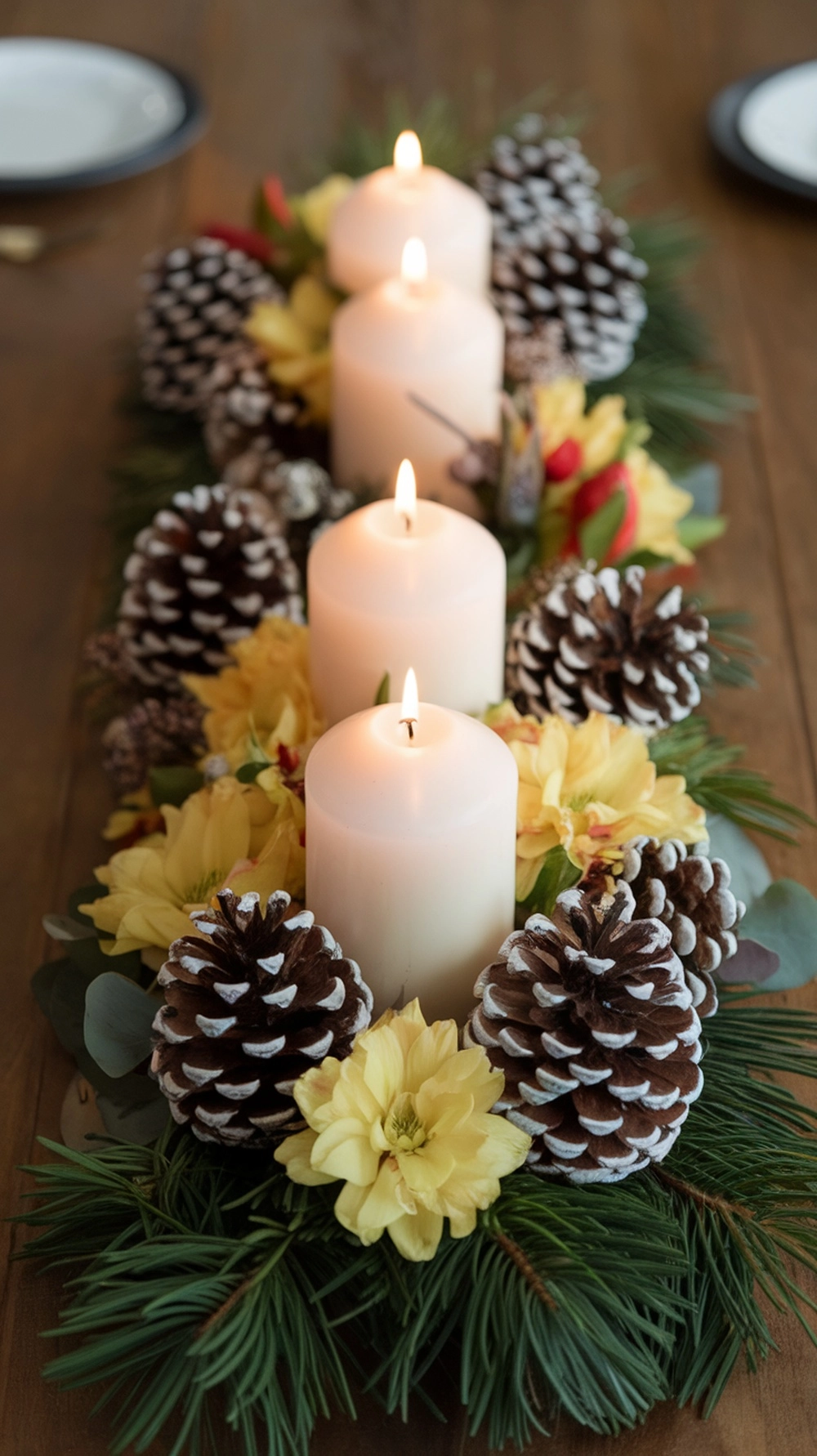 14 Creative Christmas Decor Ideas for Your Home 6 A festive table centerpiece with candles, pinecones, and flowers.
