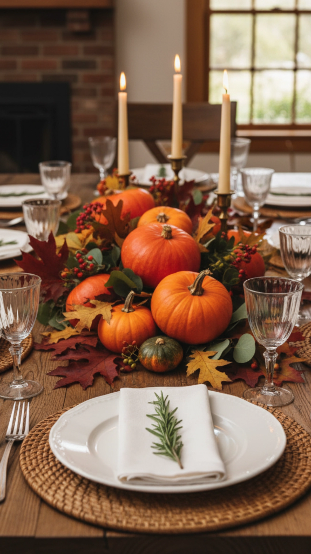 How to Plan the Perfect Thanksgiving Menu 6 Table-level view of a beautifully set Thanksgiving table with plates, glasses, and a fall centerpiece."