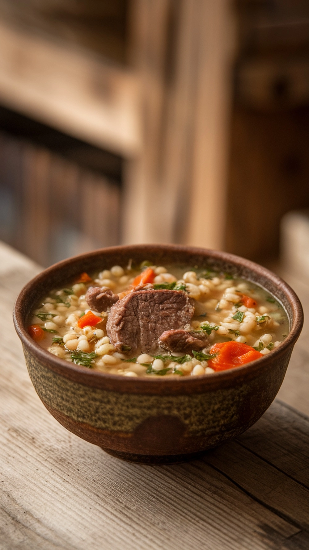 10 Cozy Fall Soup Recipes to Keep You Warm All Season 4 A bowl of beef and barley soup with chunks of beef, carrots, and barley on a rustic wooden table.