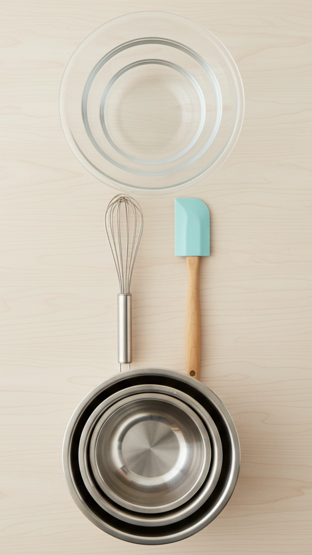 The Ultimate Guide to Home Baking Essentials 3 A stack of colorful mixing bowls, a whisk, and a spatula on a wooden counter.