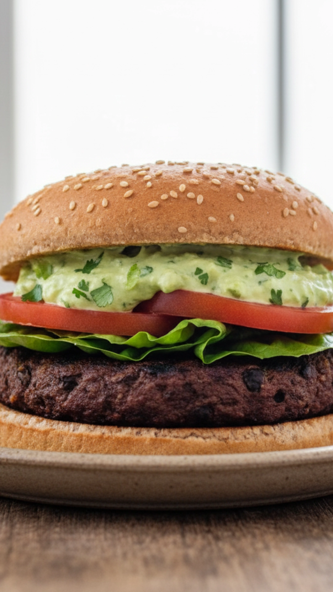15 Delicious High Fiber Meals to Keep You Full 4 Hearty black bean burger on a whole wheat bun with avocado crema.