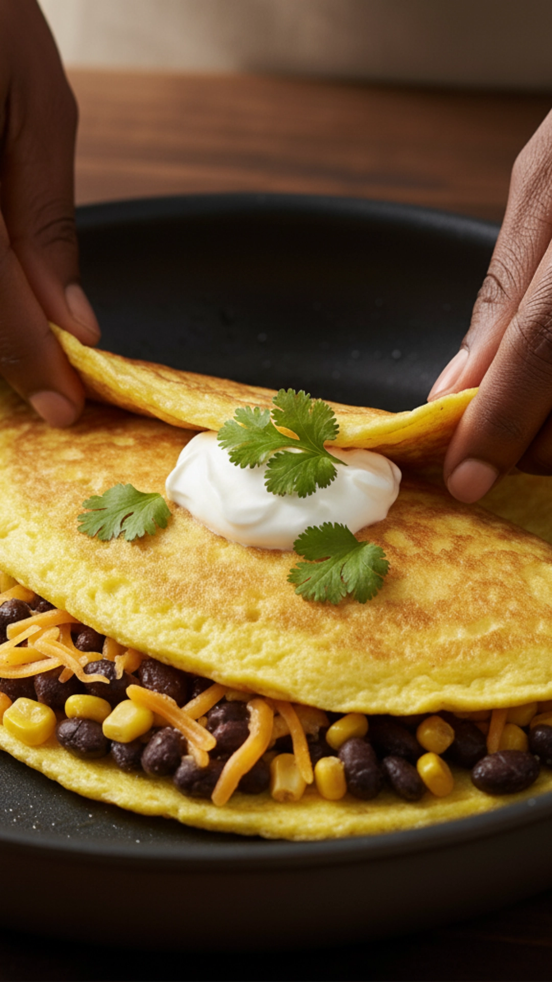 A savory black bean omelet being folded in a pan, filled with cheese and corn for a hearty protein breakfast.