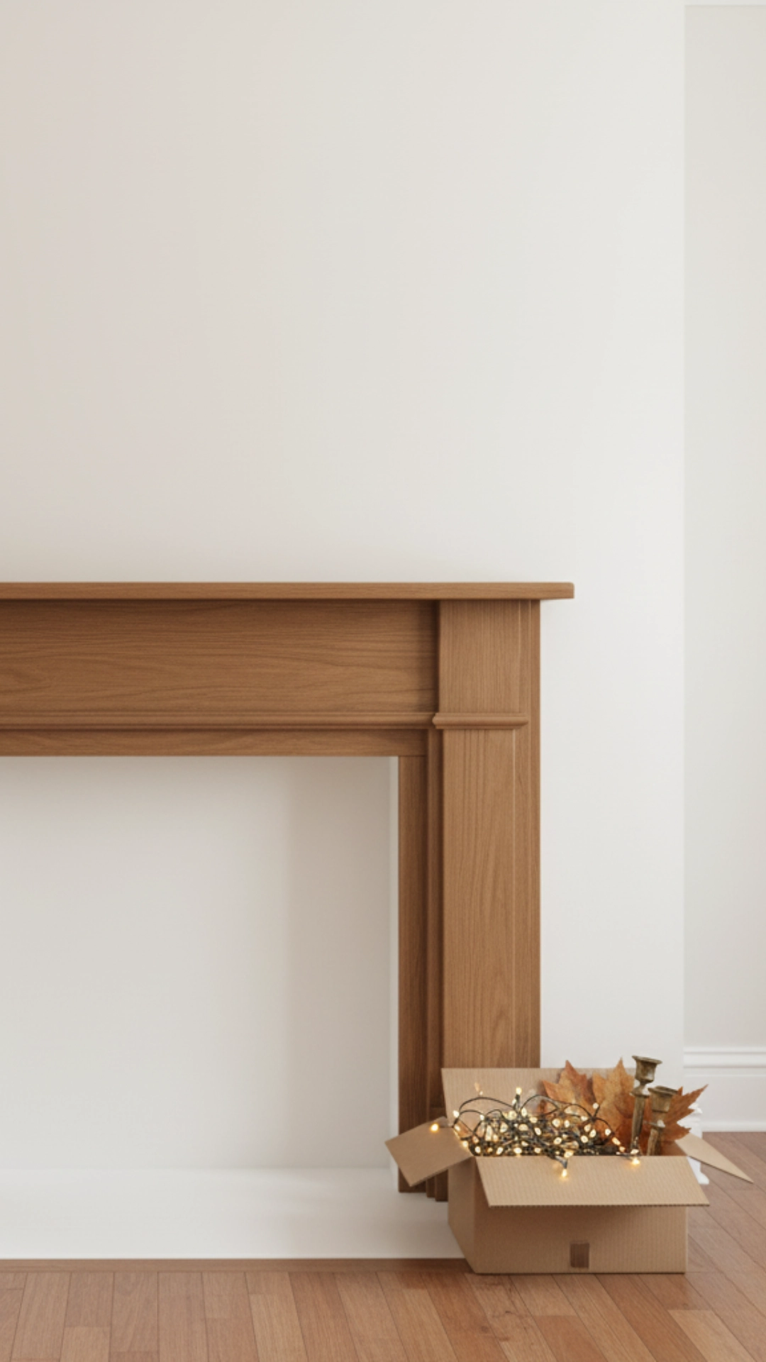 How to Layer Fall Mantle Decor (The 6-Step Guide) 3 A clean, empty wooden mantle shown from the front, representing a blank slate before fall decorating begins.