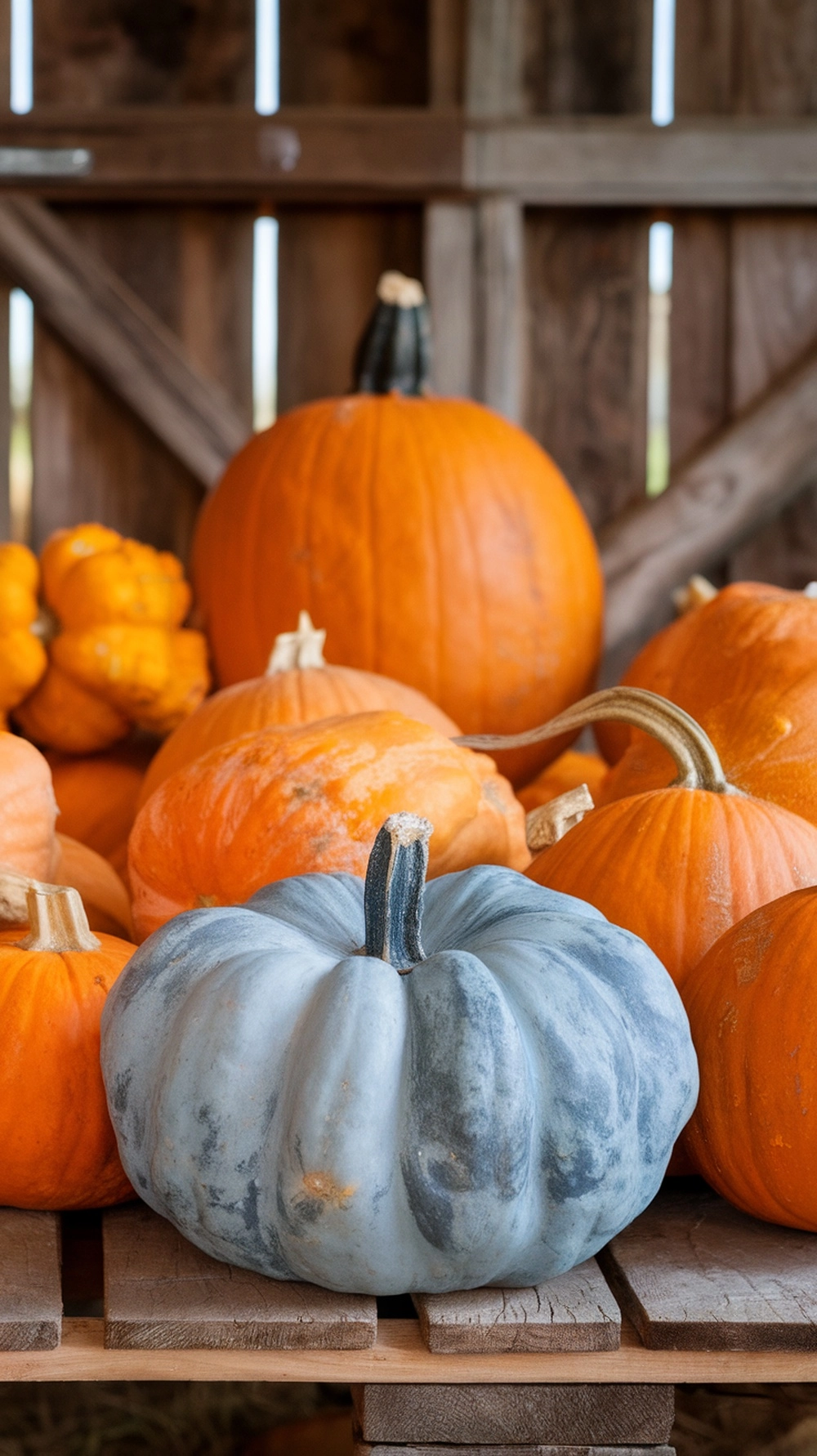 A Blue Moon Pumpkin in front of various orange pumpkins